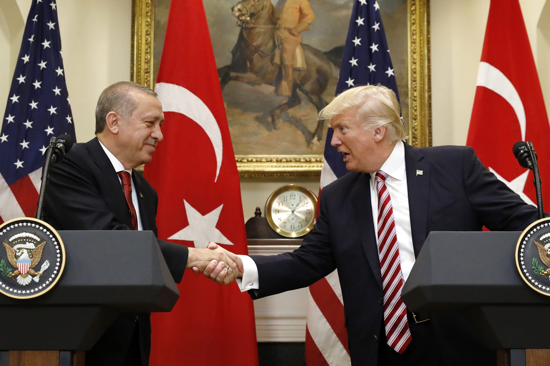 <p>Turkish President Recep Tayyip Erdogan shakes hands with U.S. President Donald J. Trump in the Roosevelt Room of the White House, Washington, DC, on May 16, 2017.</p>
