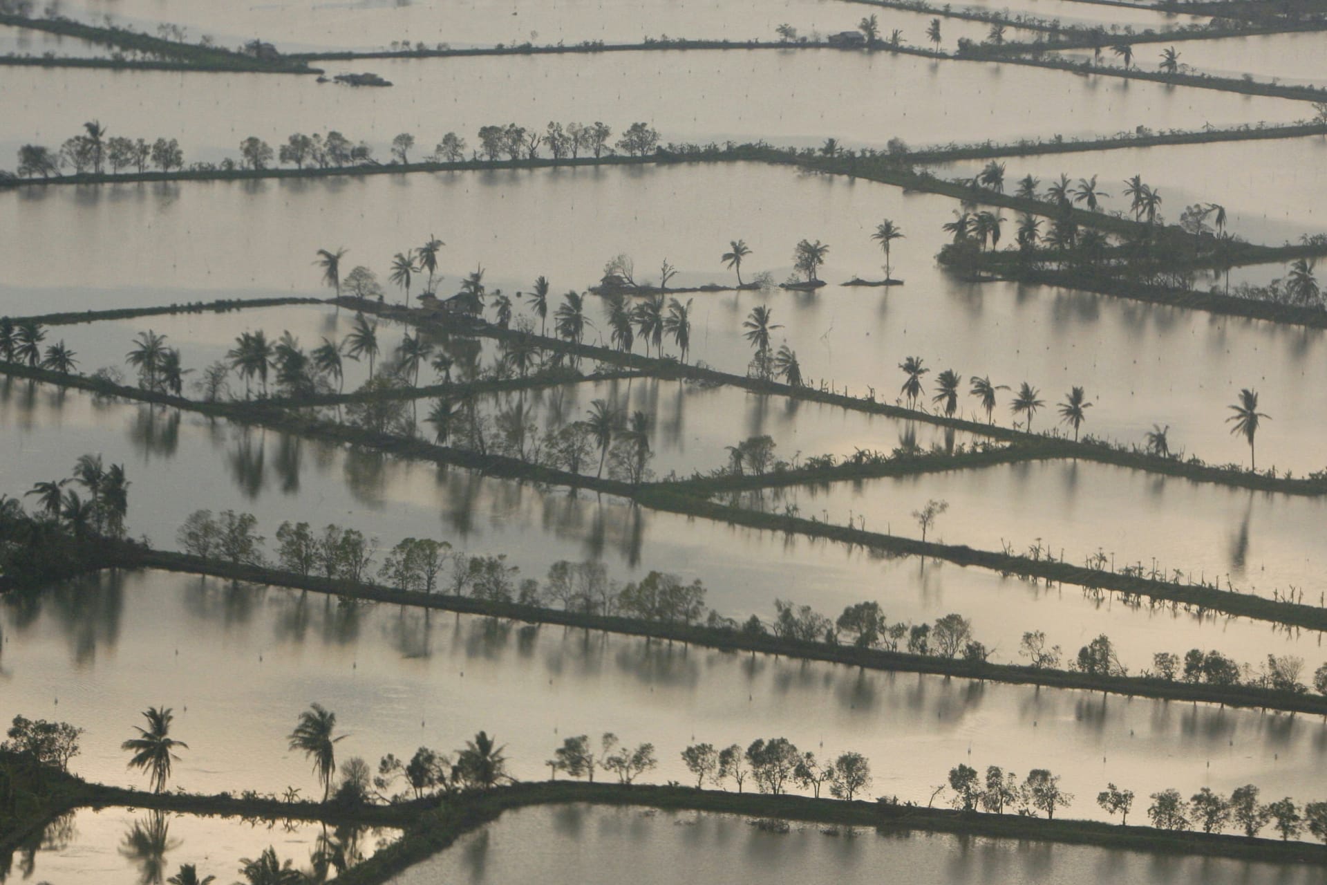 <p>An aerial view of an area affected by Cyclone Nargis in the Irrawaddy Delta on May 22, 2008.</p>
