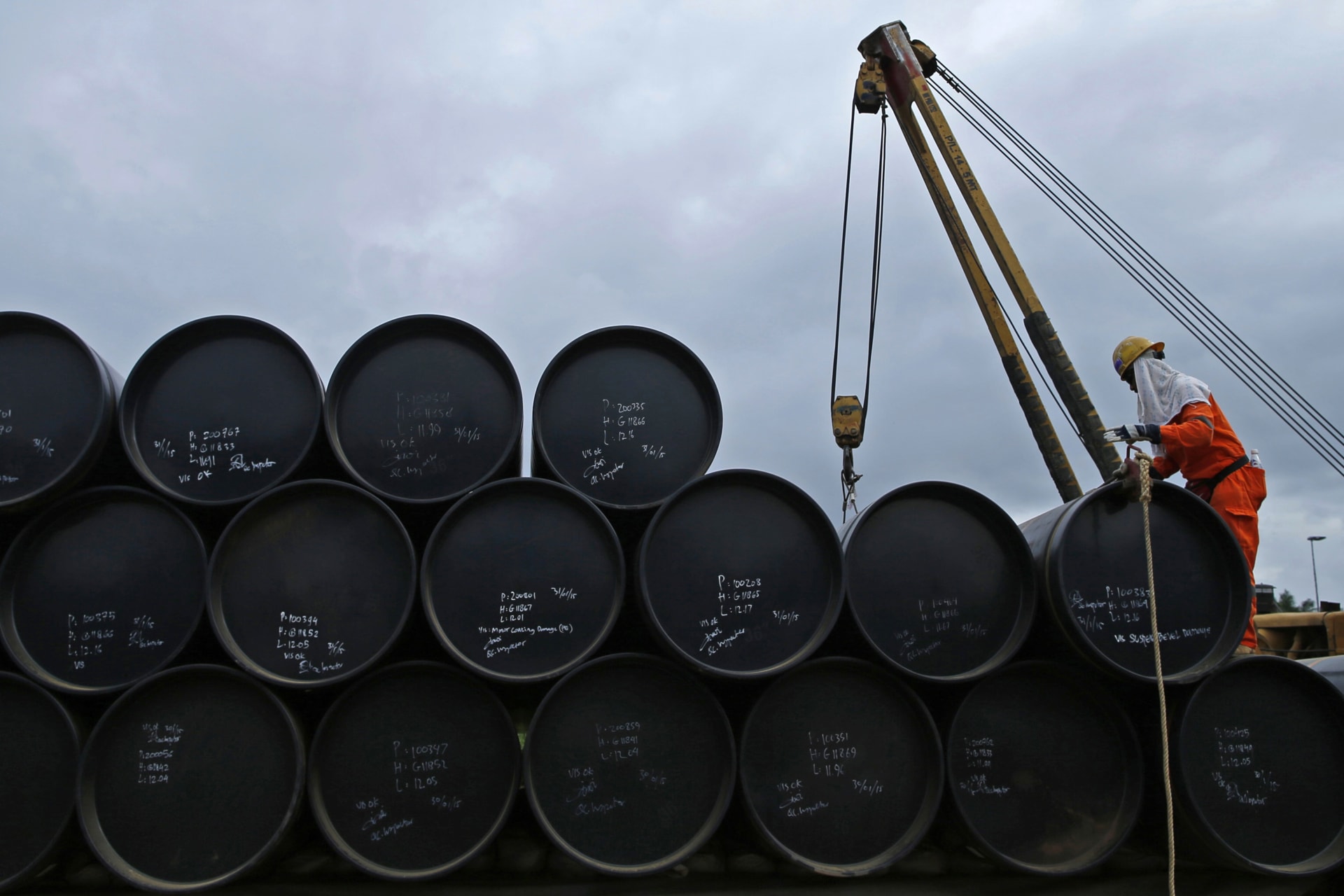 <p>A worker prepares to transport oil pipelines to be laid for the Pengerang Gas Pipeline Project at an area 40km (24 miles) away from the Pengerang Integrated Petroleum Complex in Pengerang, Johor, on February 4, 2015.</p>