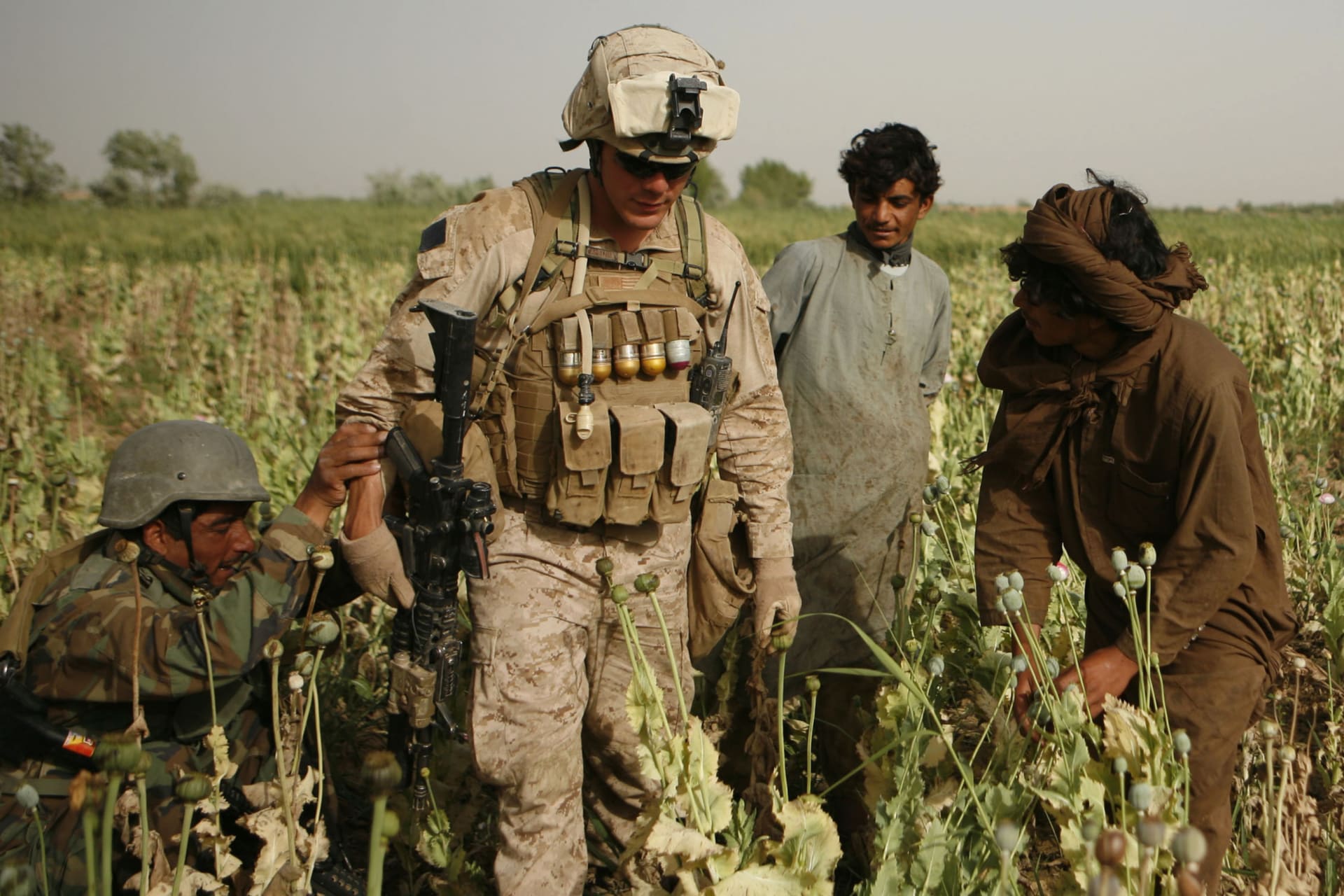 <p>Afghani farmers watch as an Afghani National Army soldier helps a U.S. Marine make his way through a poppy field during a patrol in the area of Karez-e-Sayyidi, near Marjah district, Helmand province April 20, 2010.</p>
