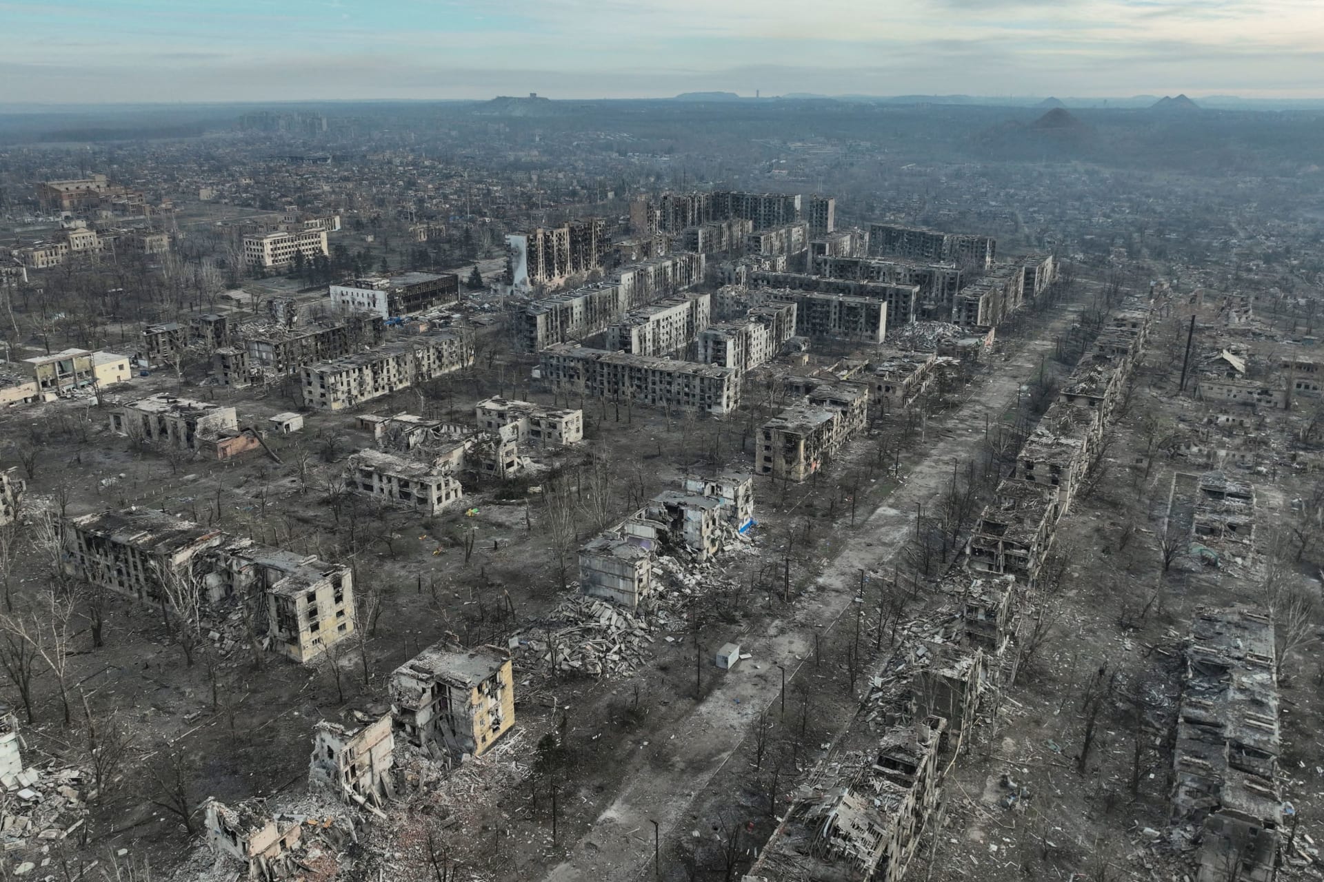 <p>A drone image shows residential and administrative buildings destroyed by Russian air strikes in Toretsk, Ukraine.</p>
