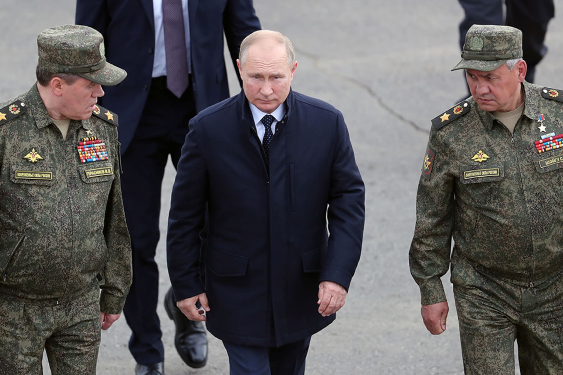 <p>Russian President Vladimir Putin, Defence Minister Sergei Shoigu, and Chief of the General Staff of Russian Armed Forces Valery Gerasimov visit the Mulino training ground to observe military exercises in 2021.</p>
