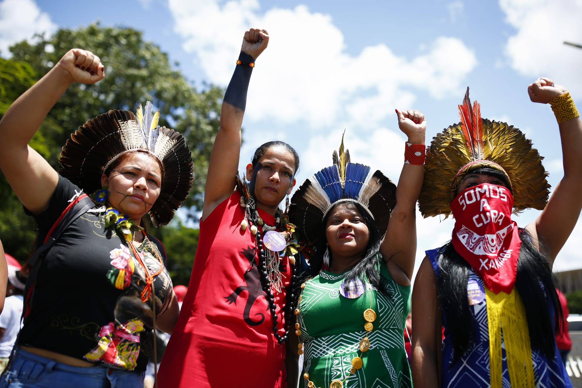 <p>Indigenous women call for gender equality during a protest in Brasilia, Brazil, on International Women’s Day, on March 8, 2020. </p>
