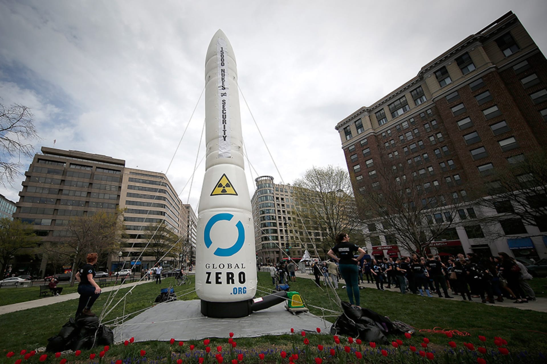 <p>An inflatable nuclear missile balloon stands at the ready before a protest held by the group Global Zero in McPherson Square in Washington, DC, on April 1, 2016.</p>
