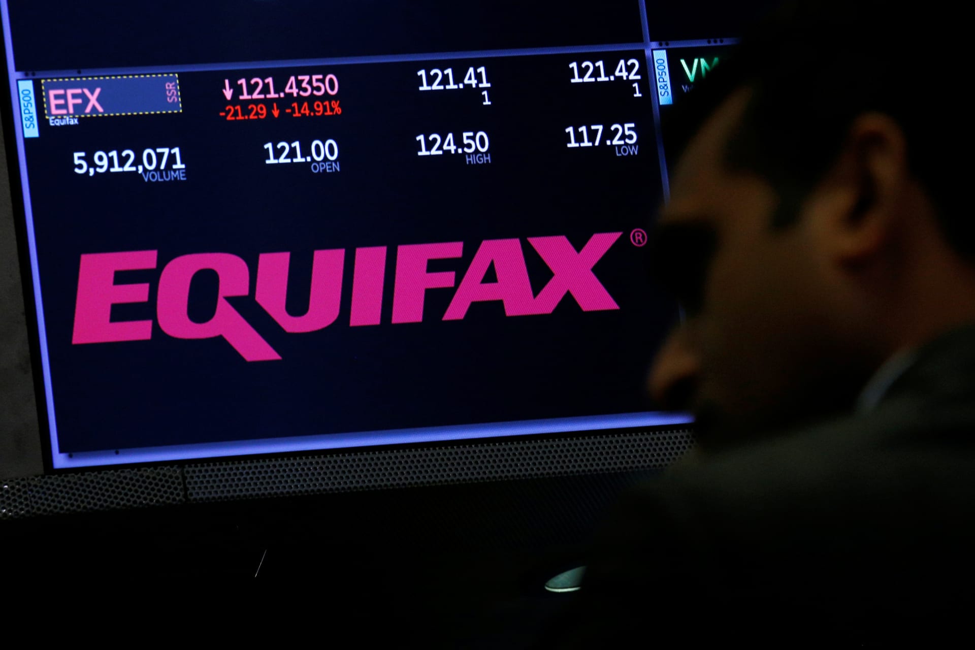 <p>Trading information about Equifax and the company logo are displayed on a screen where the stock is traded on the floor of the New York Stock Exchange in New York on September 8, 2017.</p>