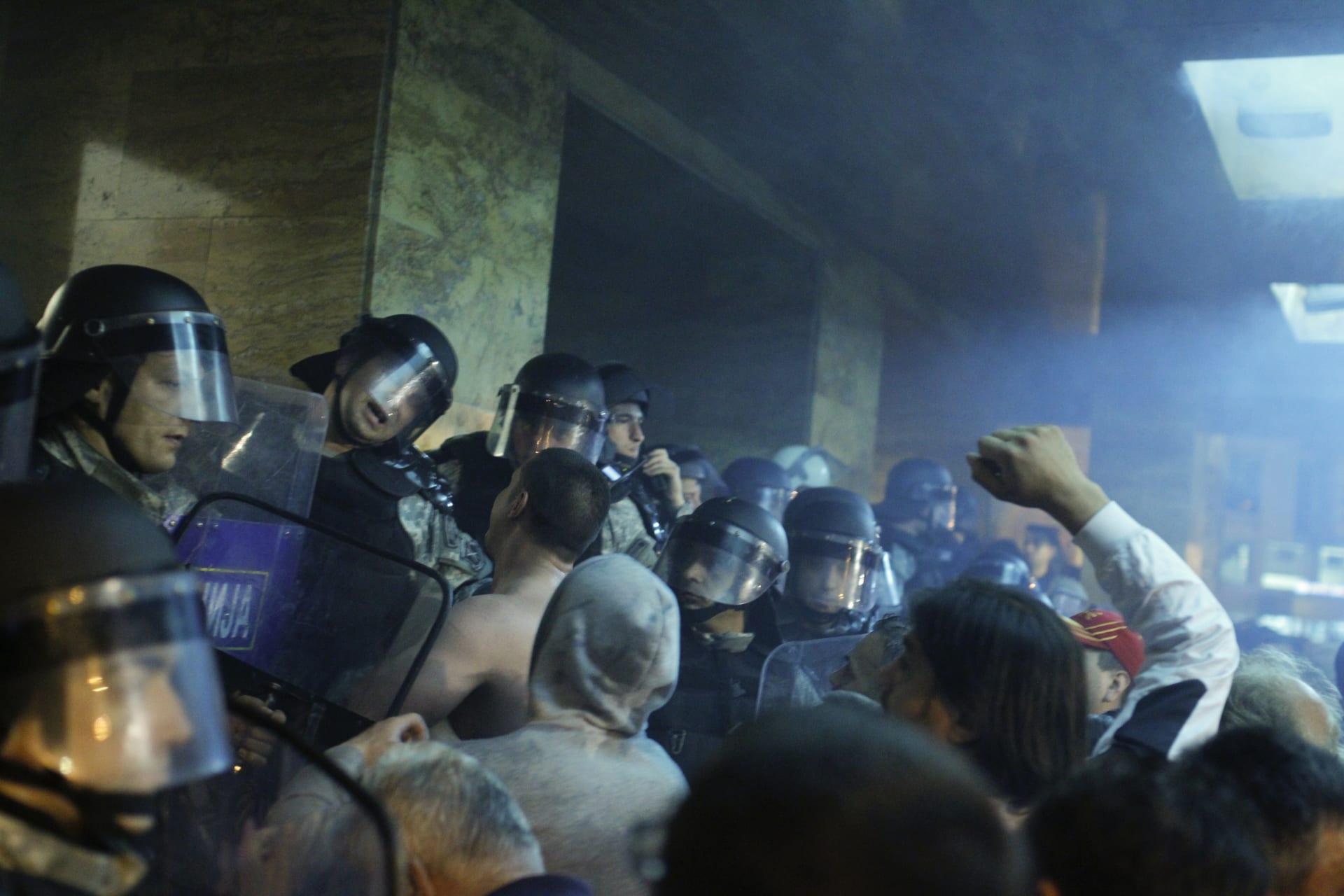 <p>Demonstrators storm into Macedonia’s parliament in Skopje on April 27, 2017.</p>
