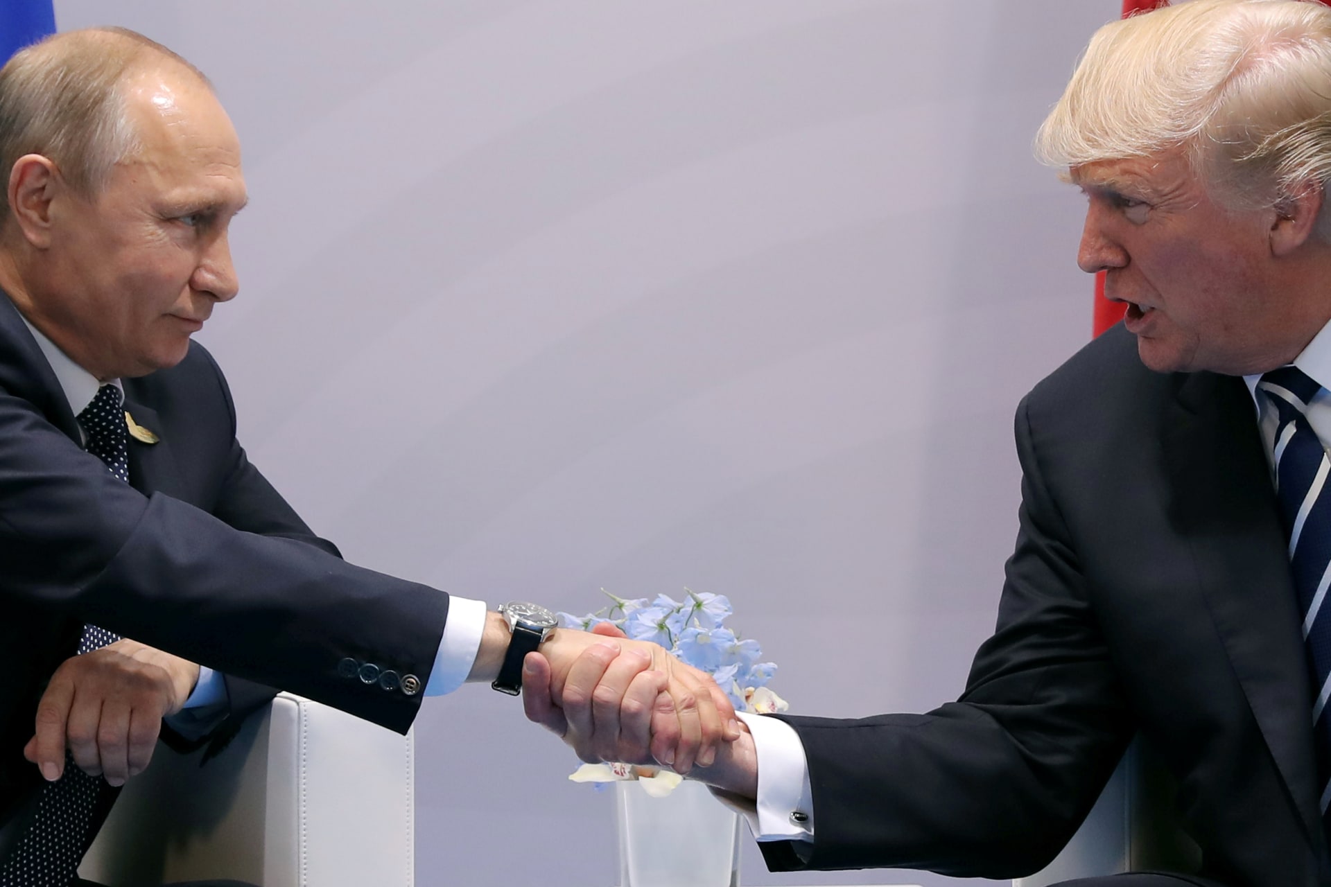 <p>U.S. President Donald Trump shakes hands with Russian President Vladimir Putin during the their bilateral meeting at the G20 summit in Hamburg, Germany July 7, 2017</p>
