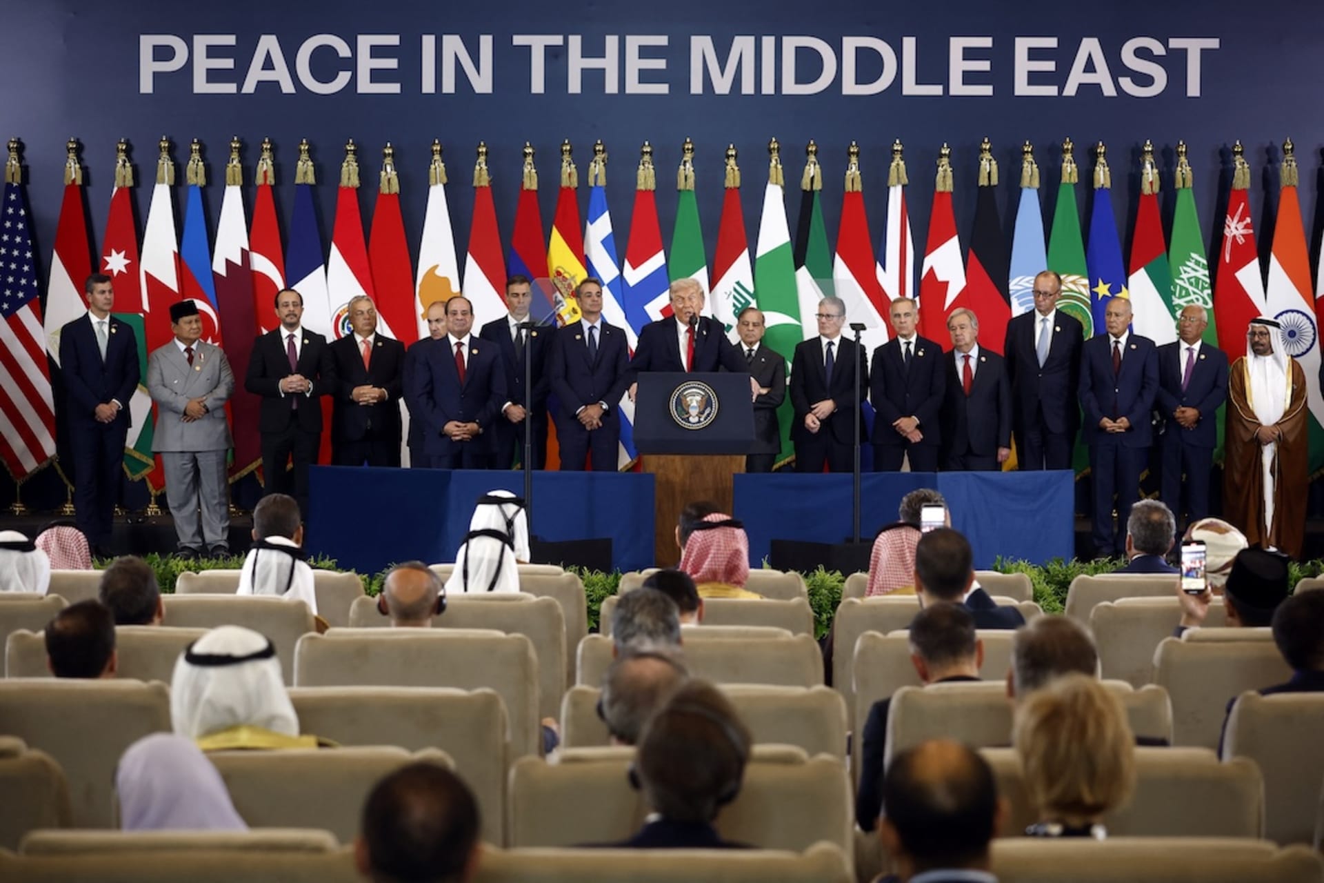 <p>U.S. President Donald Trump speaks during a world leaders’ summit on ending the Gaza war, amid a U.S.-brokered prisoner-hostage swap and ceasefire deal between Israel and Hamas, in Sharm el-Sheikh, Egypt, October 13, 2025. </p>
