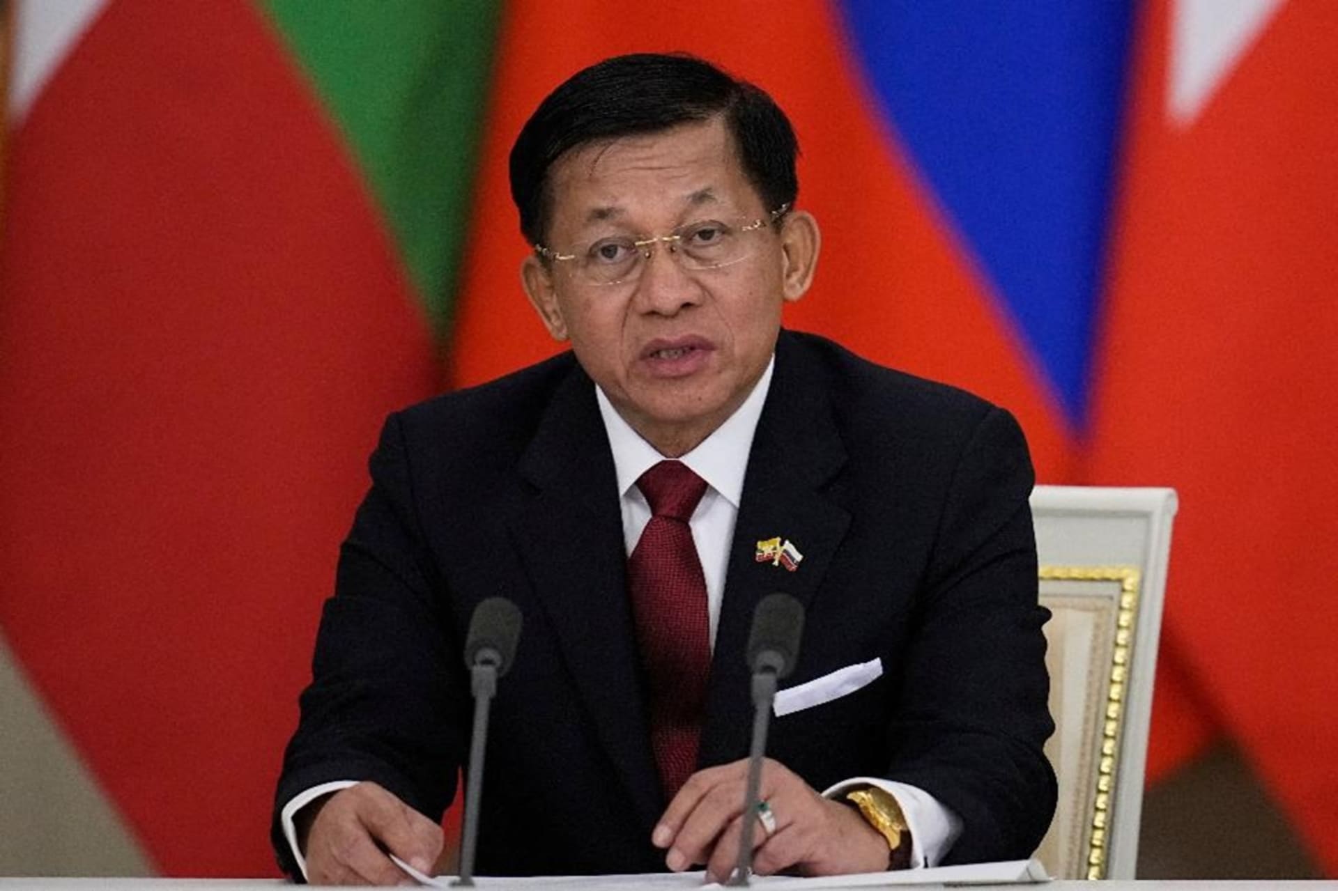 <p>Senior General Min Aung Hlaing, leader of Myanmar’s military junta, attends a press conference following talks with Russia’s President Vladimir Putin in Moscow, Russia on March 4, 2025.</p>
