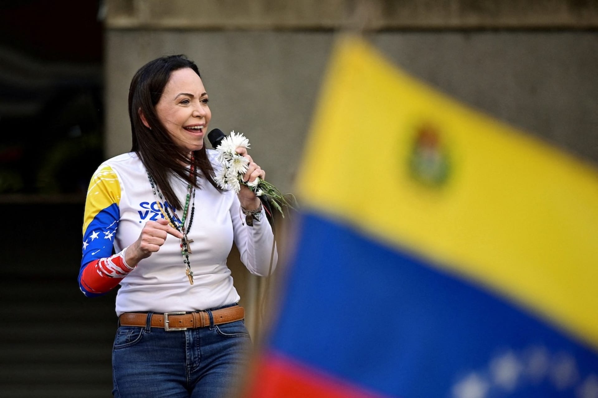 <p>Venezuelan opposition leader Maria Corina Machado addresses supporters at a protest before the inauguration of President Nicolas Maduro for his third term, in Caracas, Venezuela January 9, 2025.</p>
