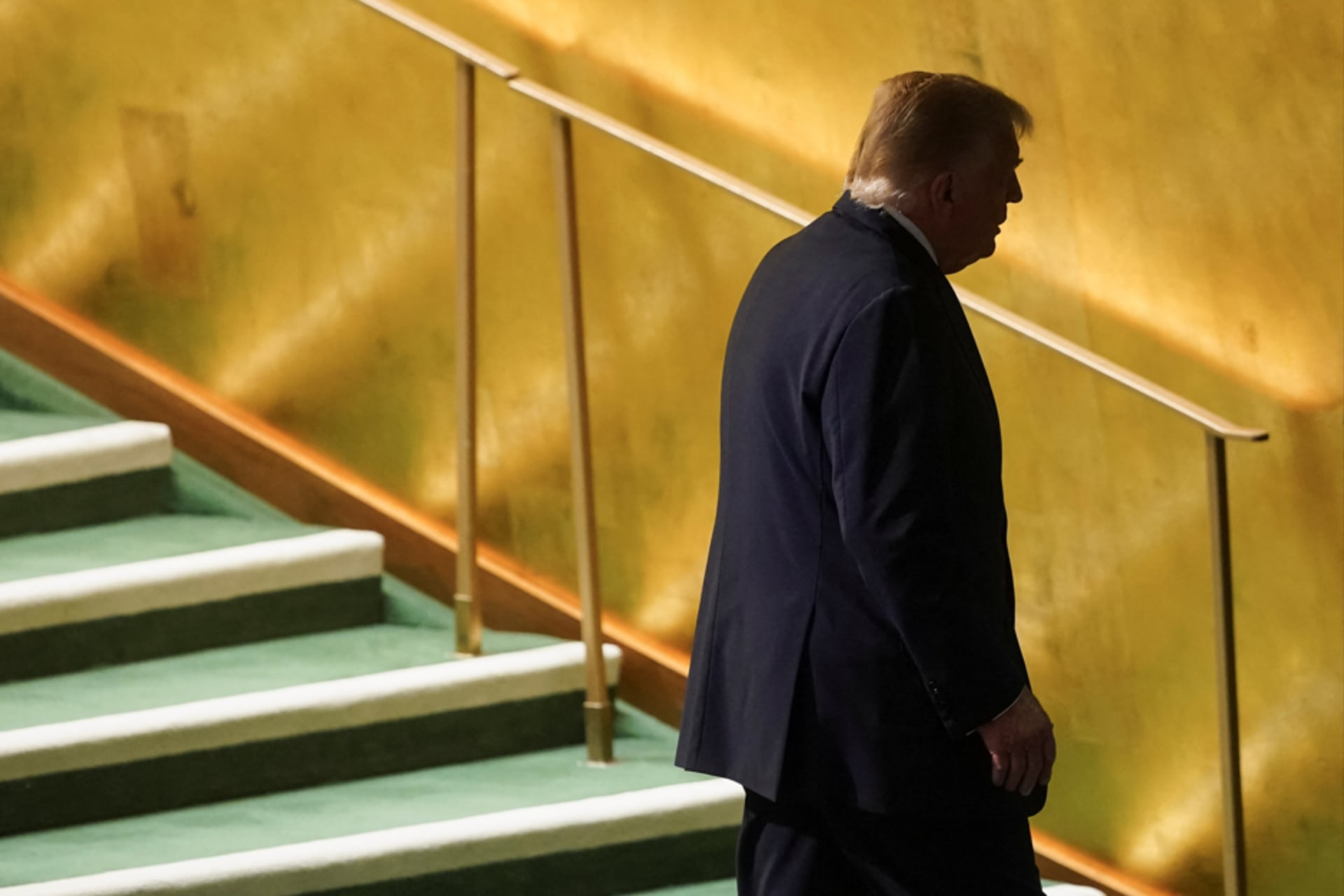 <p>U.S. President Donald Trump walks after addressing the 80th United Nations General Assembly, in New York City, New York, U.S., September 23, 2025.</p>
