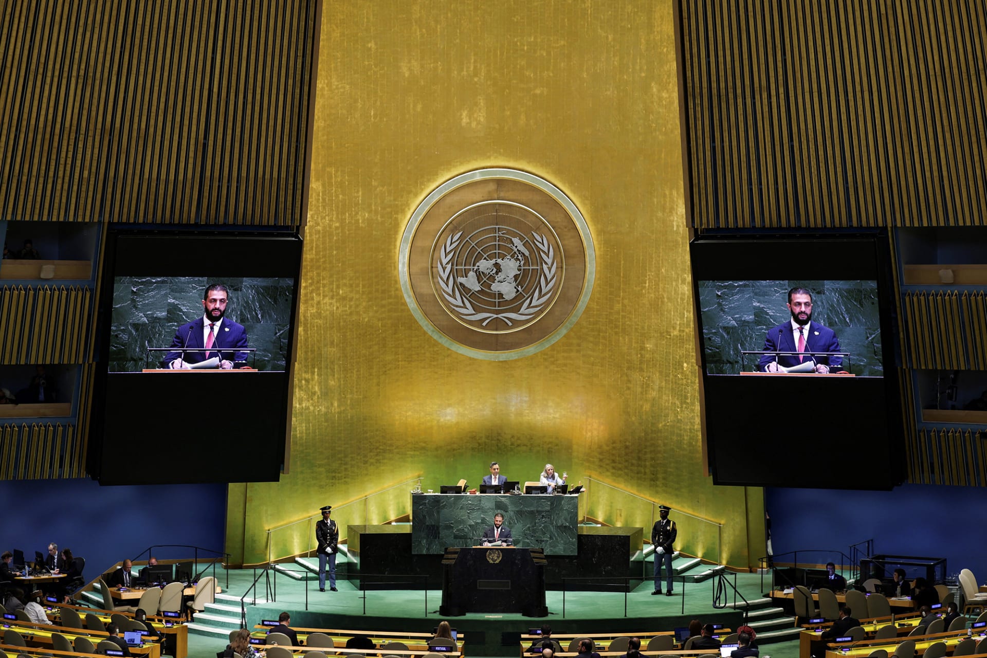 <p>Syrian President Ahmed al-Sharaa addresses the eightieth UN General Assembly, September 24, 2025.</p>
