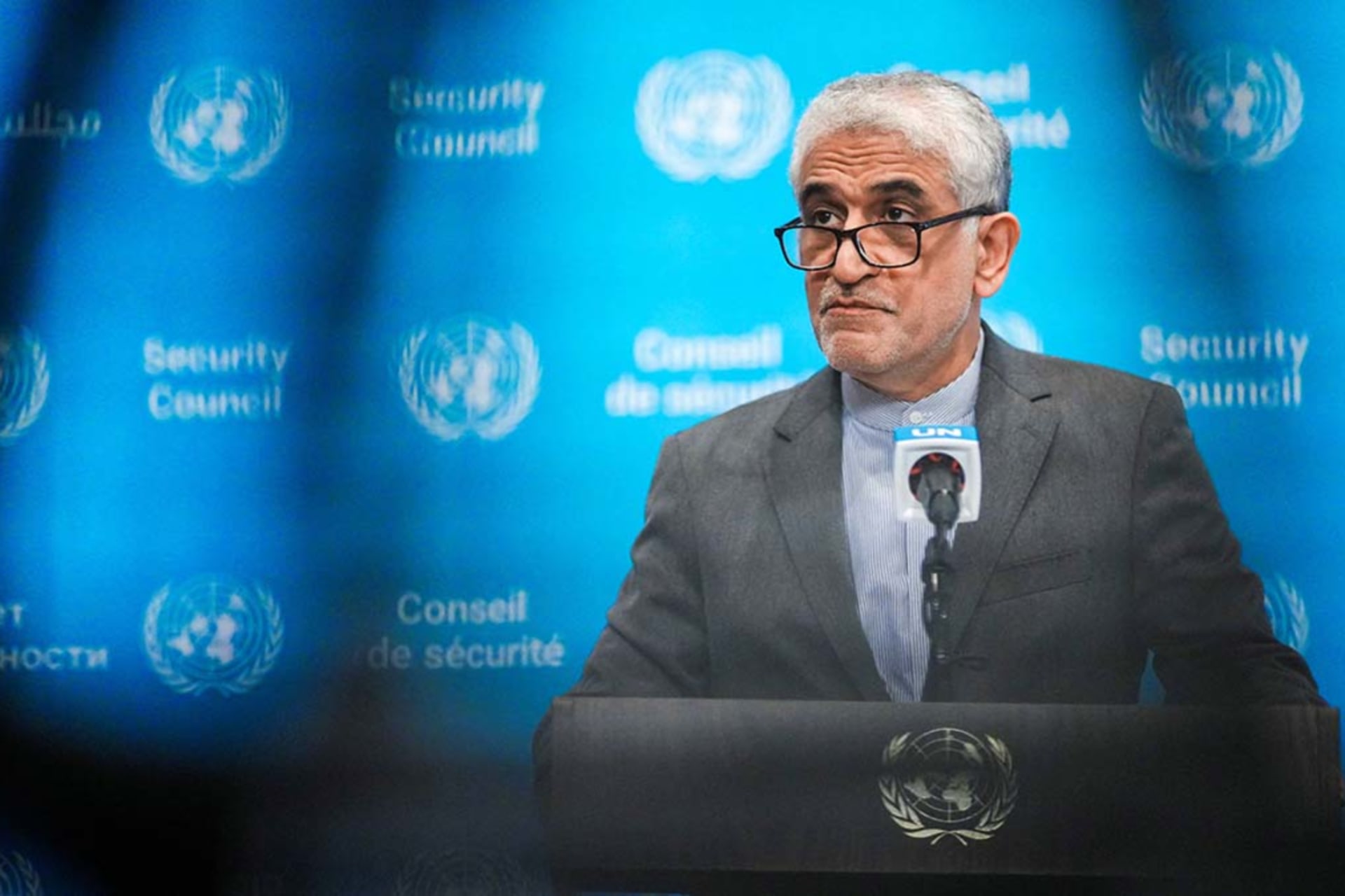 <p>Iran’s Ambassador to the United Nations Amir-Saeid Iravani speaks at a stakeout at the UN headquarters in New York City, September 19, 2025.</p>
