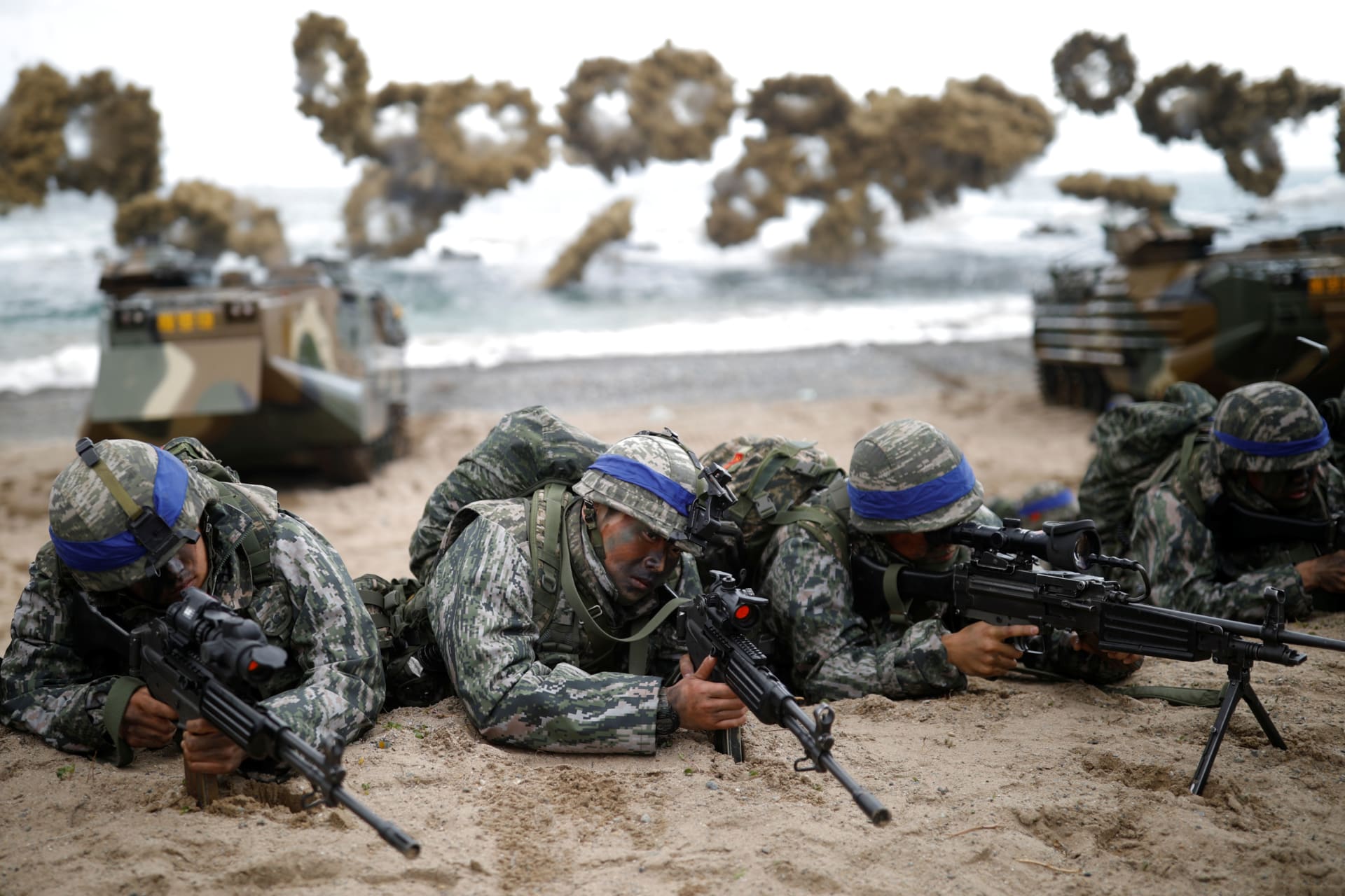<p>South Korean marines take part in a U.S.-South Korea joint landing operation drill as a part of the two countries’ annual military training called Foal Eagle, in Pohang, South Korea, on April 2, 2017.</p>