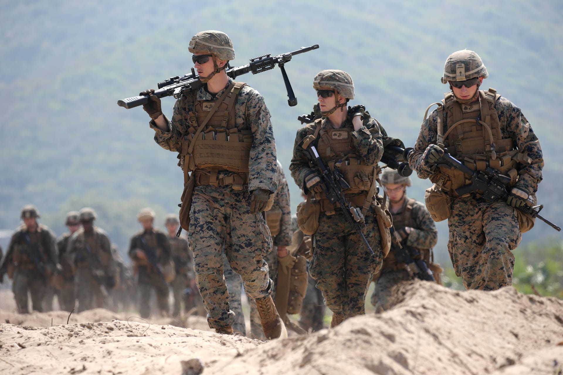 <p>U.S. Marines participate in an amphibious assault exercise as part of the “Cobra Gold 2018” (CG18) joint military exercise at a military base in Chonburi province, Thailand. February 16, 2018.</p>
