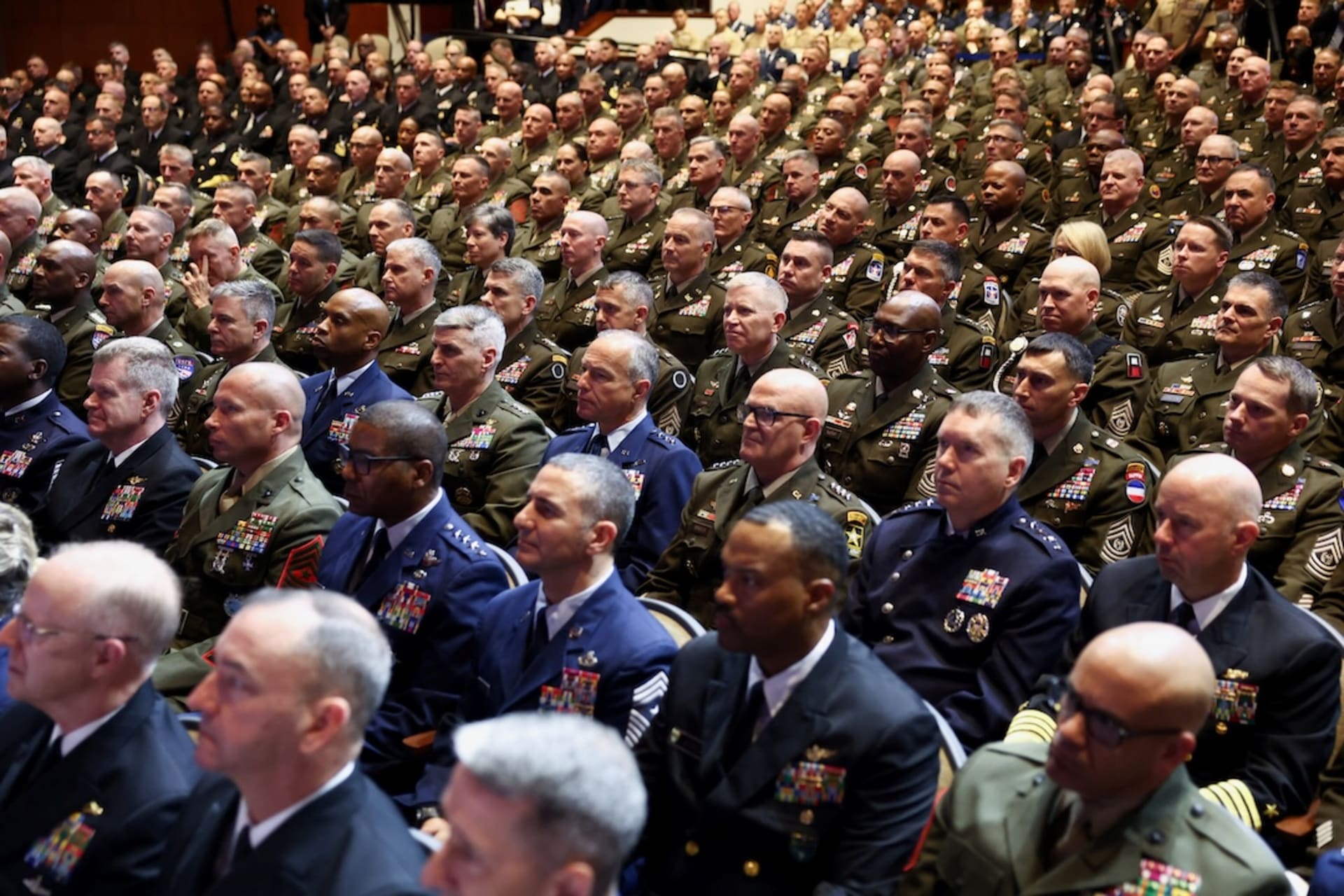 <p>Members of the military attend a meeting convened by U.S. Defense Secretary Pete Hegseth, at Marine Corps Base Quantico, in Quantico, Virginia, U.S., September 30, 2025. </p>
