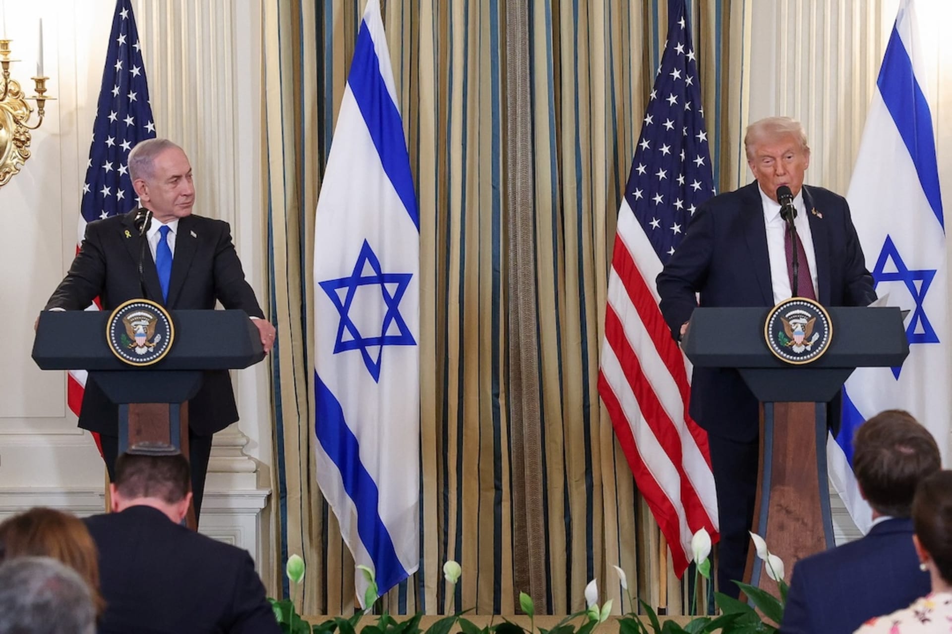 <p>U.S. President Donald Trump and Israeli Prime Minister Benjamin Netanyahu hold a joint press conference in the State Dining Room at the White House in Washington, D.C., U.S., September 29, 2025.</p>
