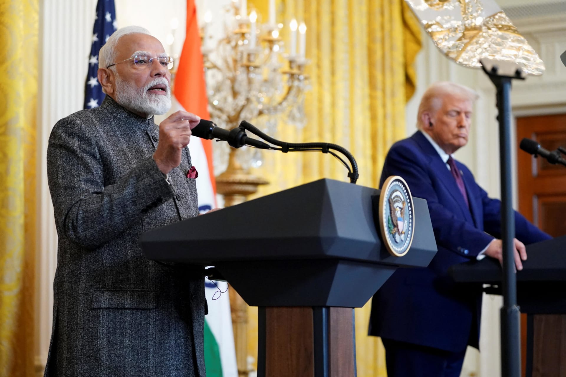 <p>U.S. President Donald Trump listens as Indian Prime Minister Narendra Modi speaks during a joint press conference at the White House in Washington, D.C., U.S., February 13, 2025.</p>
