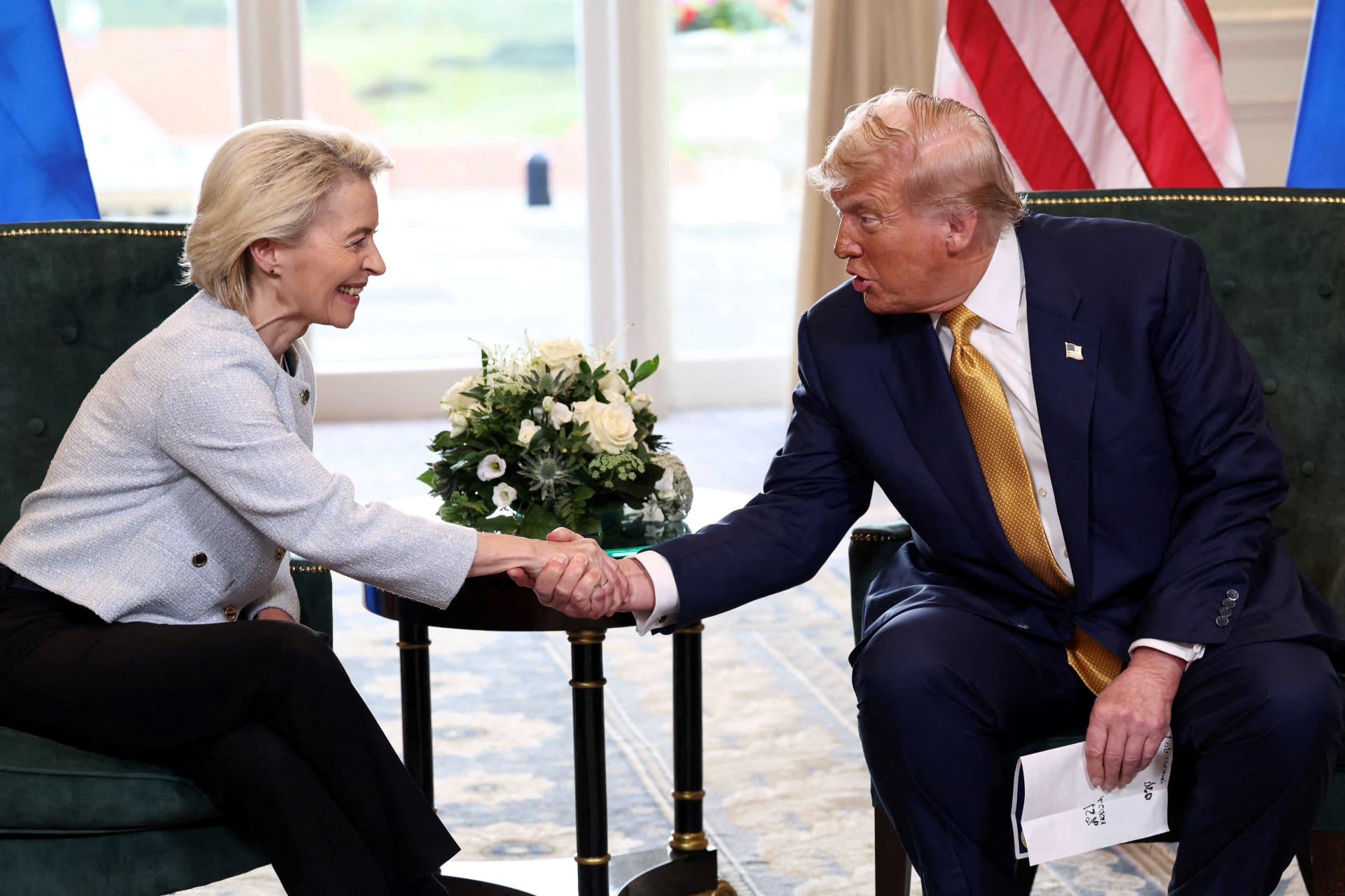 <p>U.S. President Donald Trump shakes hands with European Commission President Ursula von der Leyen, after an announcement of a trade deal between the U.S. and EU, in Turnberry, Scotland, Britain</p>
