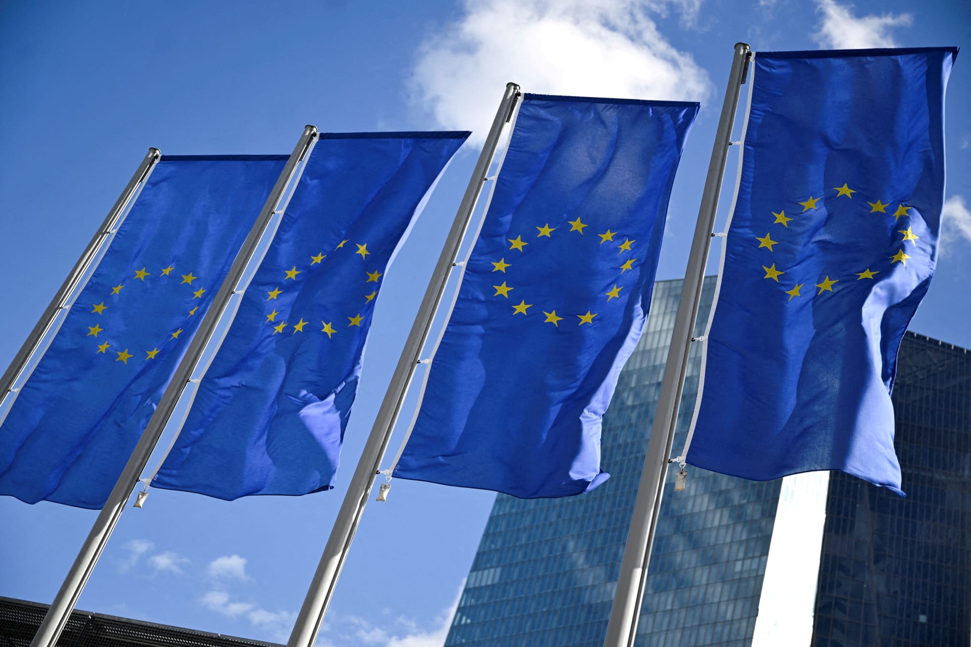 <p>European Union flags fluttering in Frankfurt, Germany, September 2024</p>
