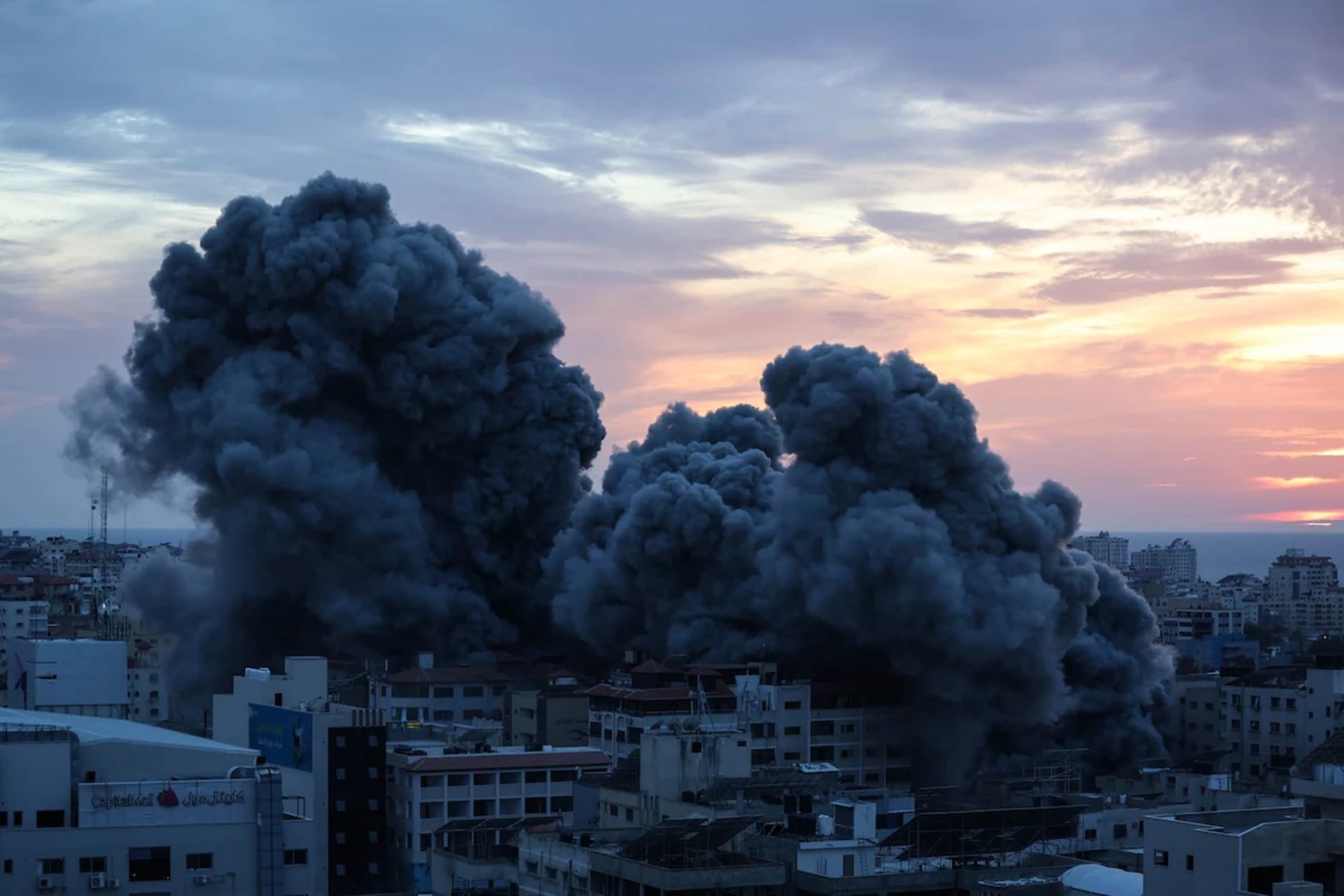<p>An Israeli strike destroys the Palestine Tower in the Gaza Strip on Saturday.</p>
