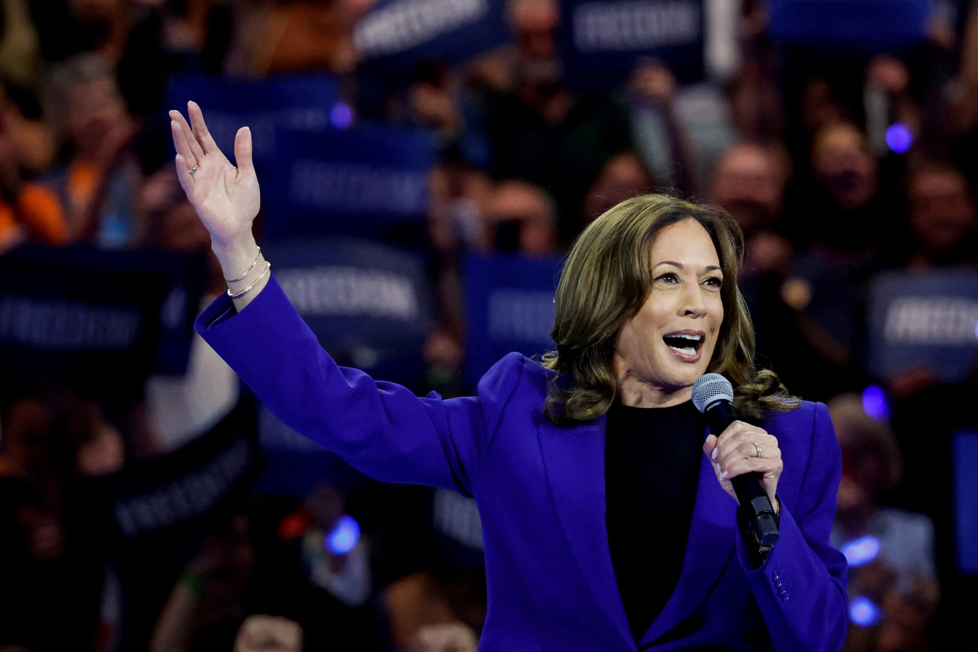 <p>U.S. Vice President and Democratic presidential nominee Kamala Harris speaks as she is filmed for a live broadcast into Chicago’s Democratic National Convention (DNC), after delegates of each state delegation ended the roll call to once again nominate her</p>

