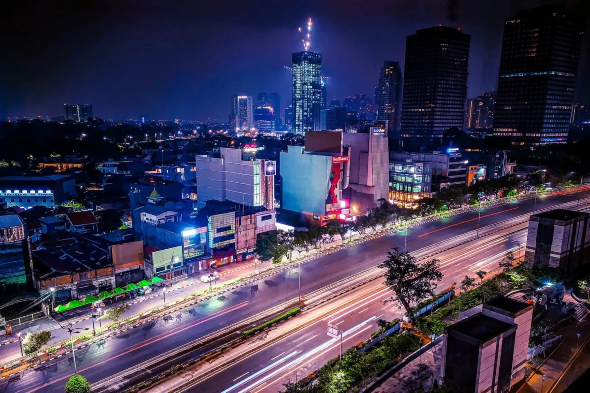 City skyline at night.