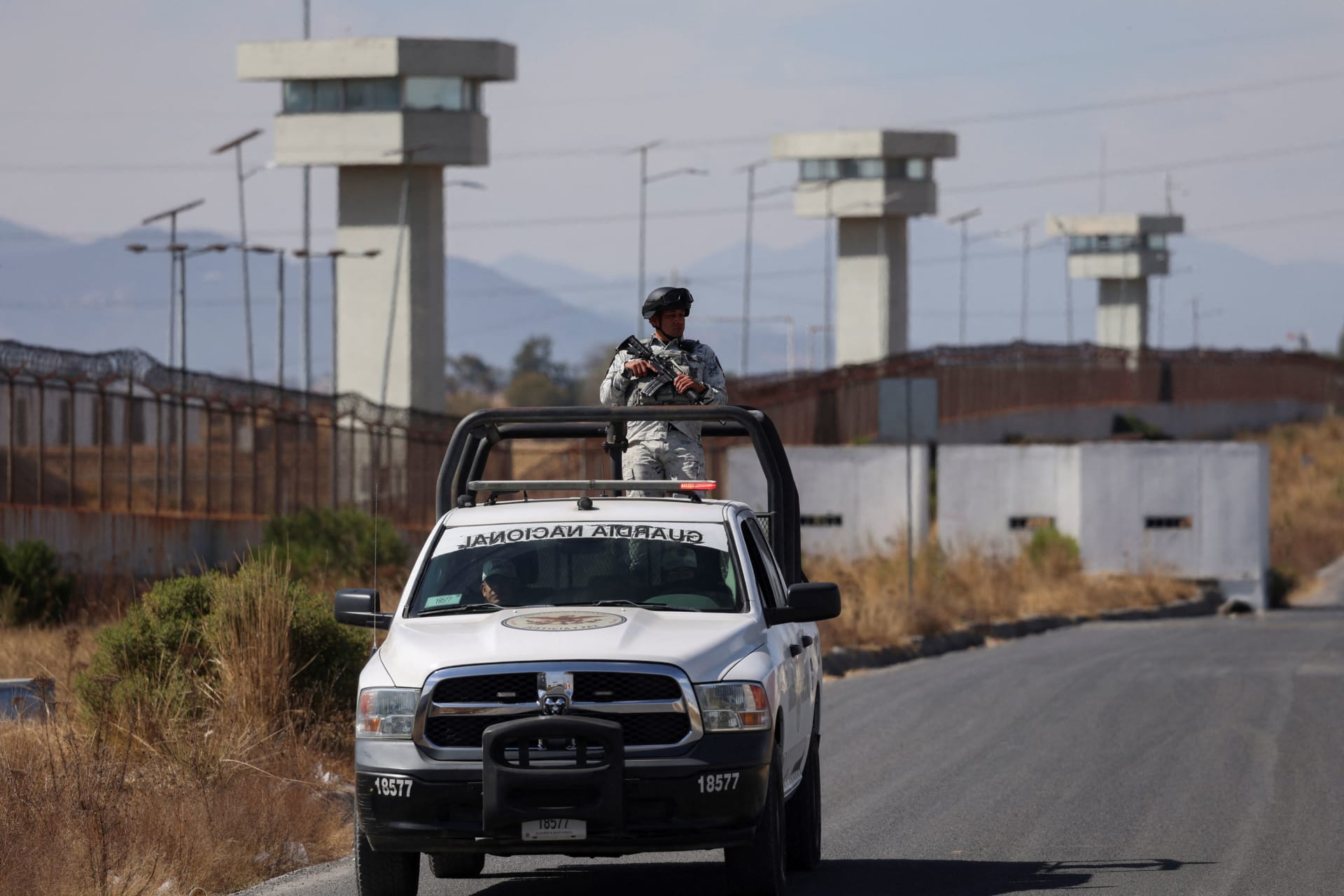A member of the Mexican National Guard patrols the Altiplano prison