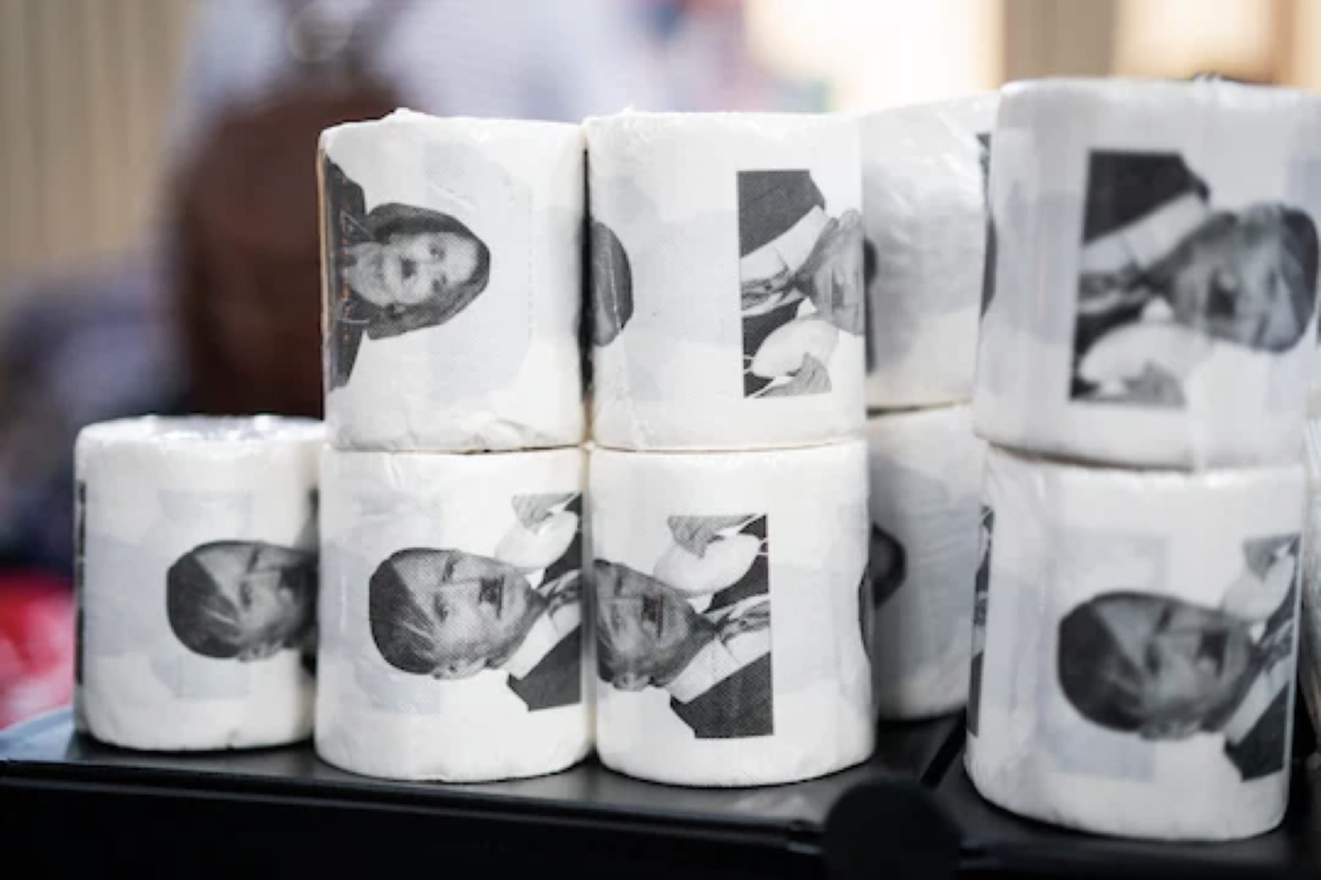 <p>Rolls of toilet paper with edited images of President Biden and House Speaker Nancy Pelosi (D-Calif.) at the Conservative Political Action Conference on Feb. 27 in Orlando.</p>
