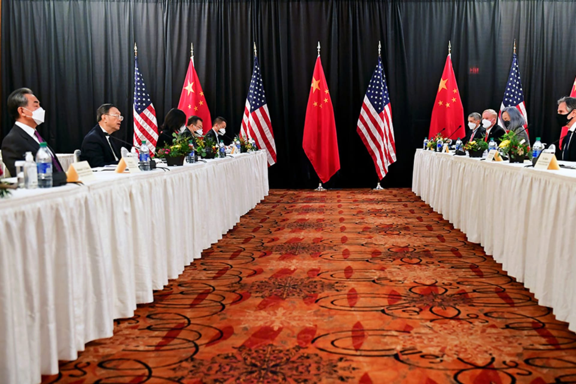 <p>The opening session of US-China talks at the Captain Cook Hotel in Anchorage, Alaska, U.S. March 18, 2021.</p>
