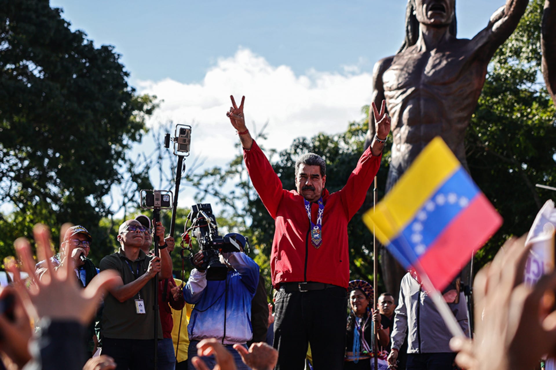 <p>President Nicolás Maduro of Venezuela greets his supporters during a rally to commemorate Indigenous Resistance Day on October 12, 2025 in Caracas, Venezuela.</p>
