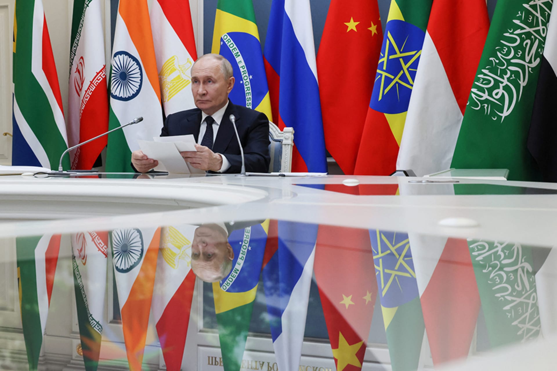 <p>Russian President Vladimir Putin takes part in the BRICS Summit held in Rio de Janeiro, Brazil, via videolink, July 6, 2025.</p>
