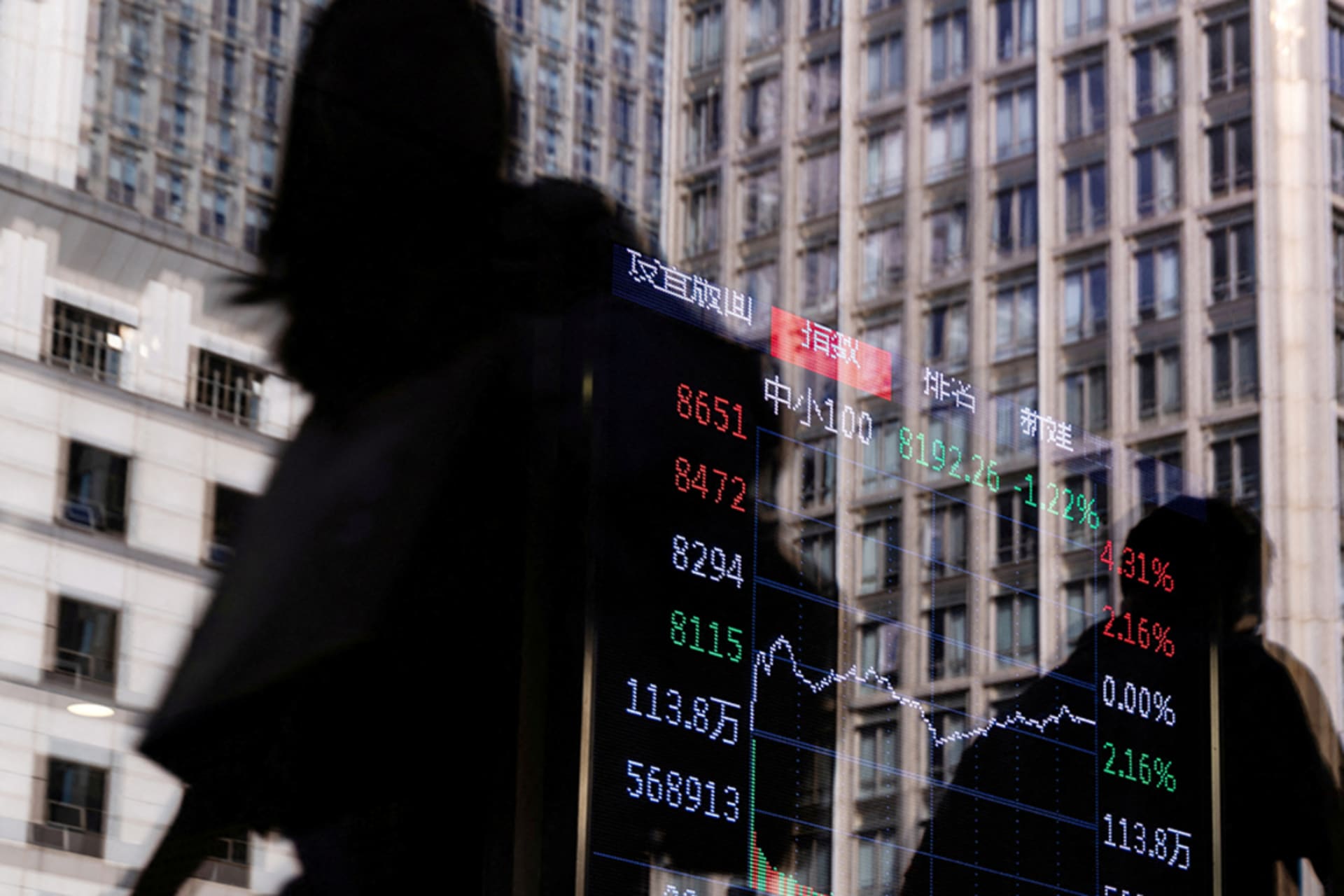 <p>People walk past a brokerage house as an electronic board displays stock index information graph, in the Central Business District in Beijing, China, October 13, 2025.</p>
