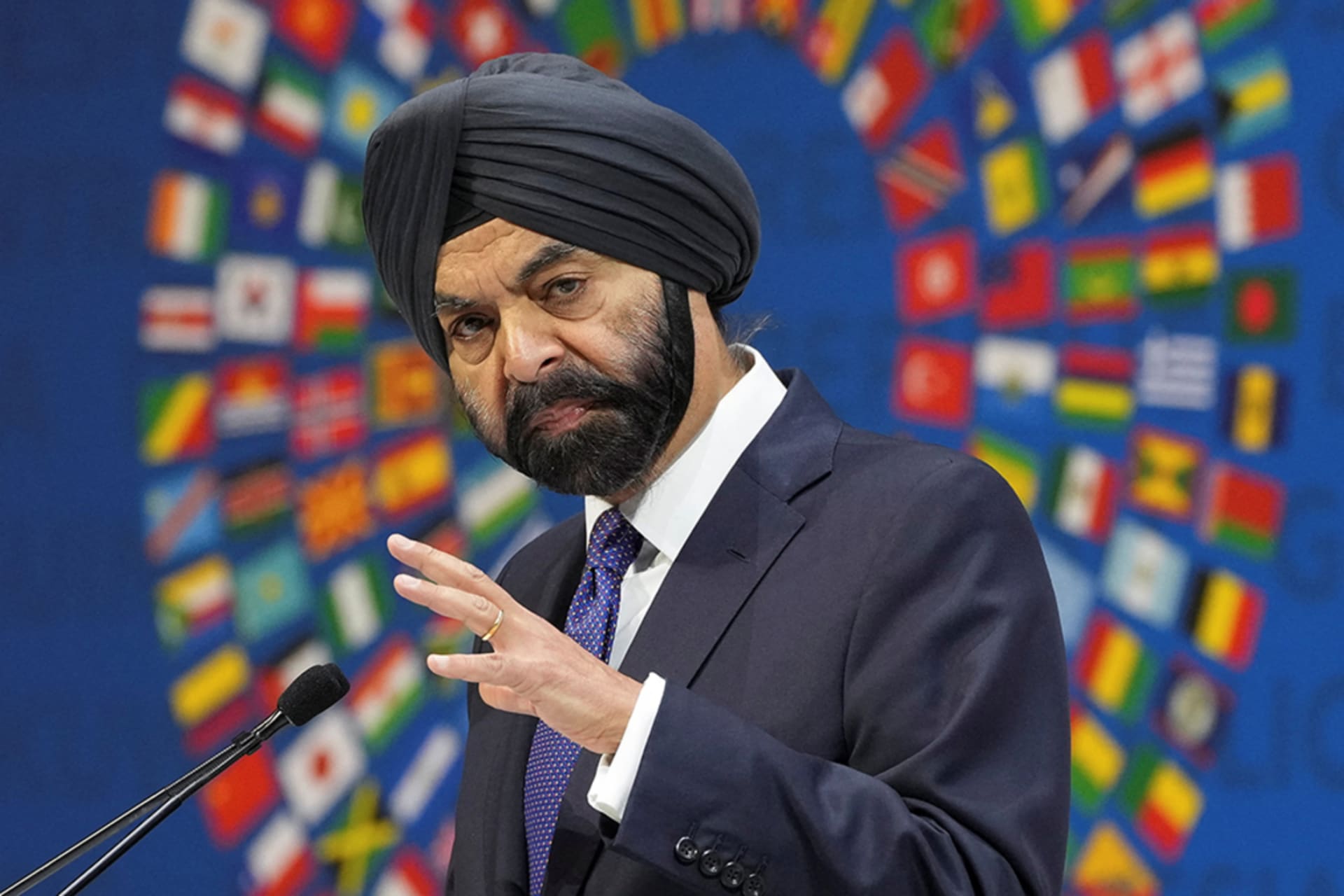 <p>World Bank President Ajay Banga speaks during the IMF/World Bank annual meetings in Washington, D.C., on October 17.</p>
