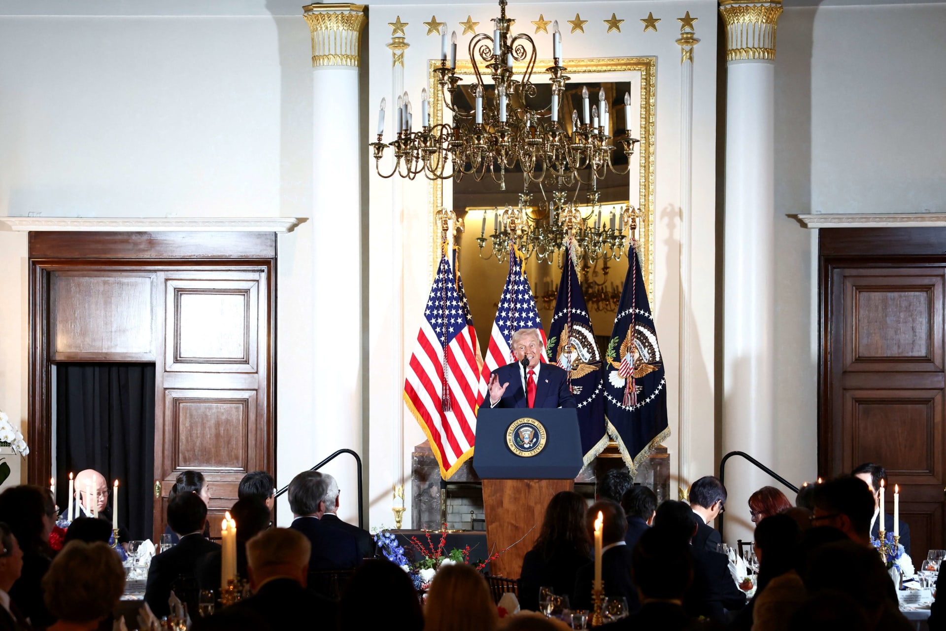 <p>U.S. President Donald Trump delivers remarks at the U.S. Ambassador’s Residence in Tokyo, Japan, on October 28, 2025.</p>
