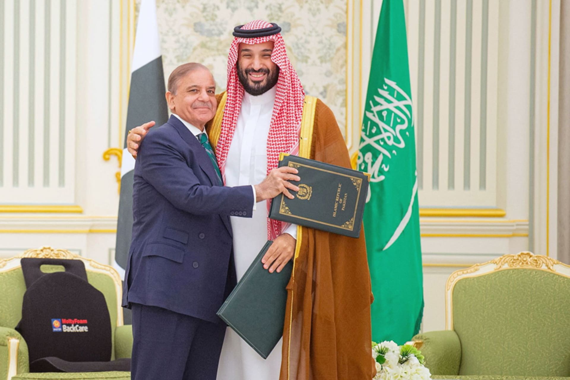 <p>Saudi Crown Prince Mohammed bin Salman and Pakistan Prime Minister Shehbaz Sharif embrace each other on the day they sign a defence agreement, in Riyadh, Saudi Arabia, September 17, 2025.</p>
