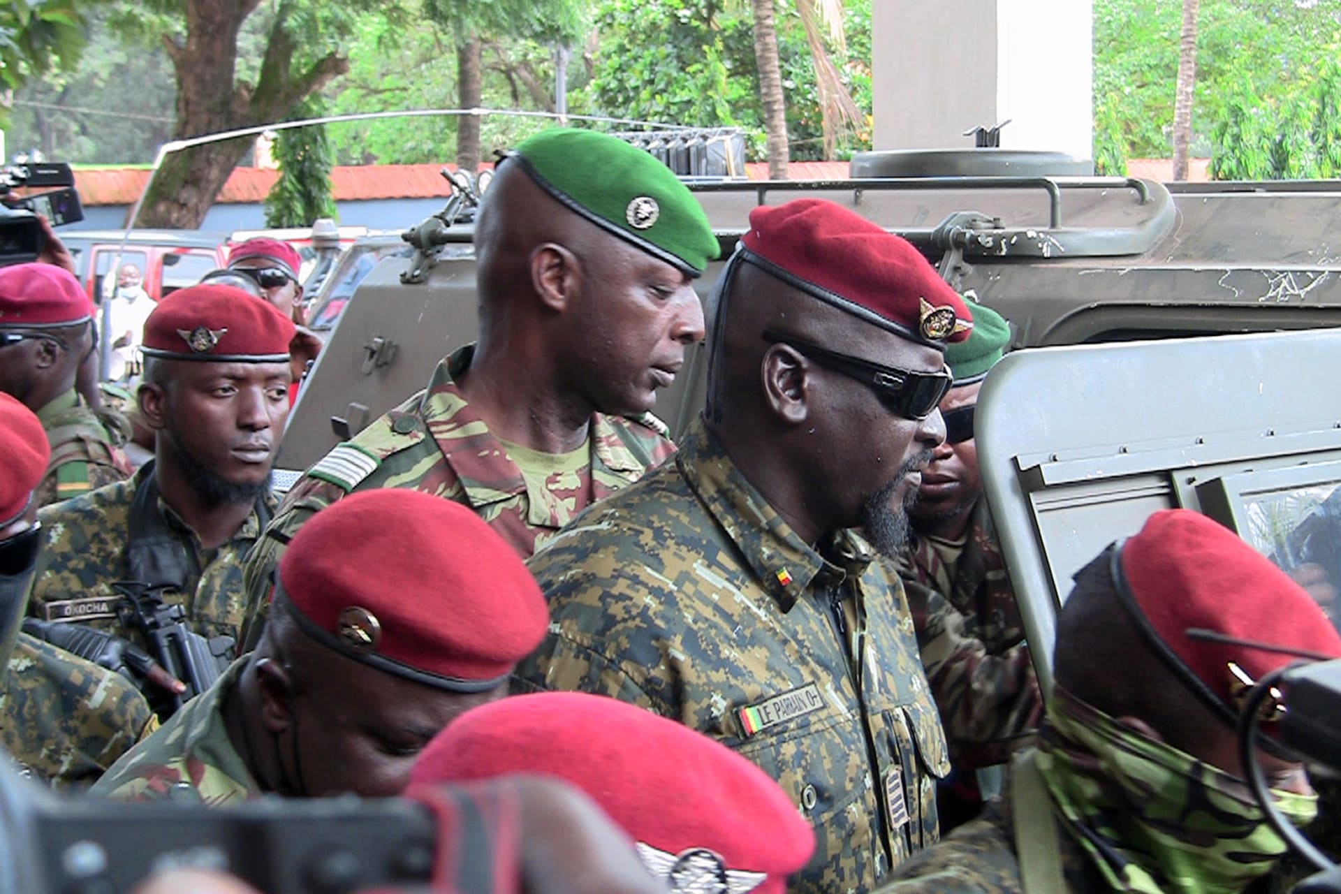 <p>Special forces commander Mamady Doumbouya, who ousted President Alpha Conde, walks out after meeting envoys from the ECOWAS for the Guinea crisis to discuss ways to steer the country back toward constitutional regime.</p>