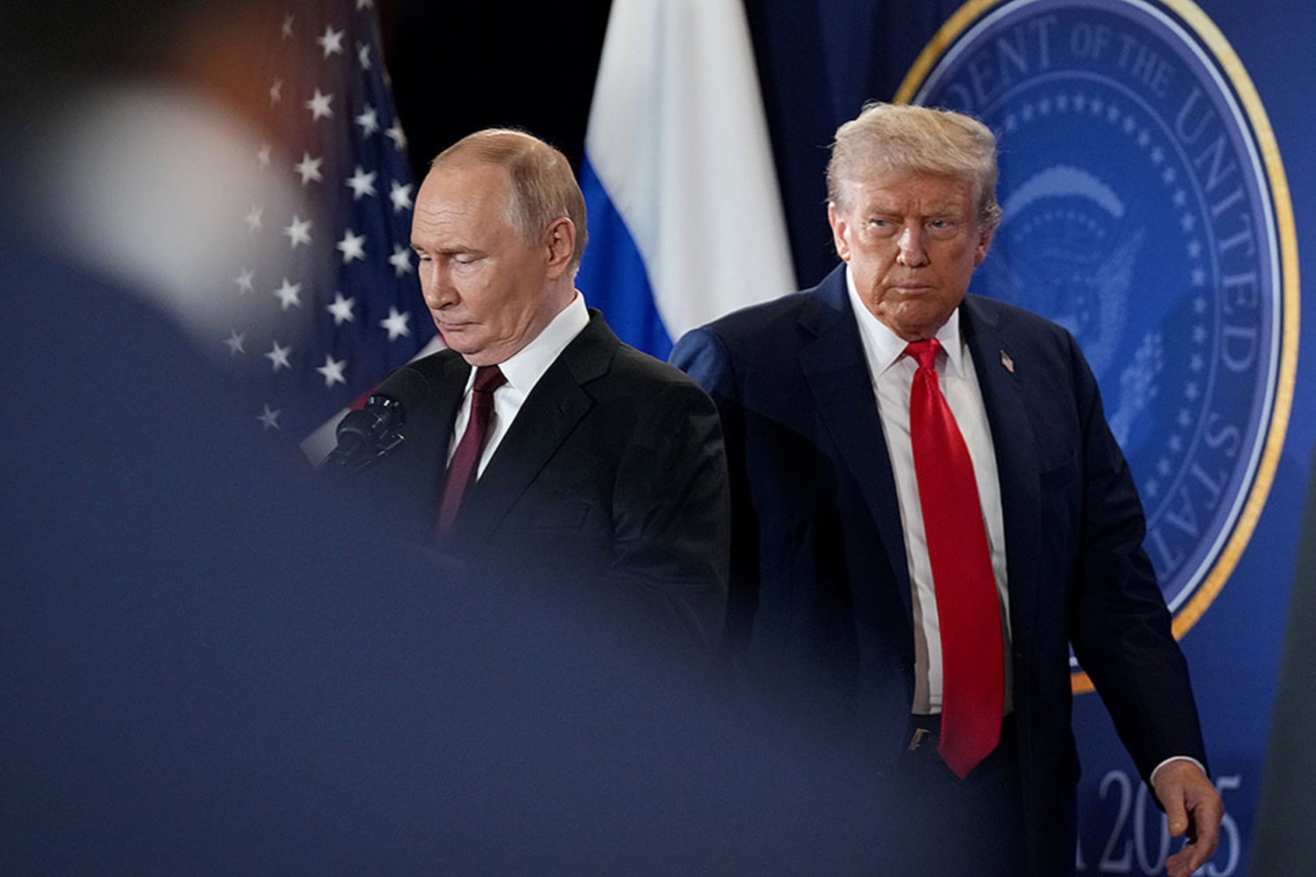 <p>Russian President Vladimir Putin and U.S. President Donald Trump arrive for a press conference at Joint Base Elmendorf-Richardson in Anchorage, Alaska, August 15, 2025.</p>
