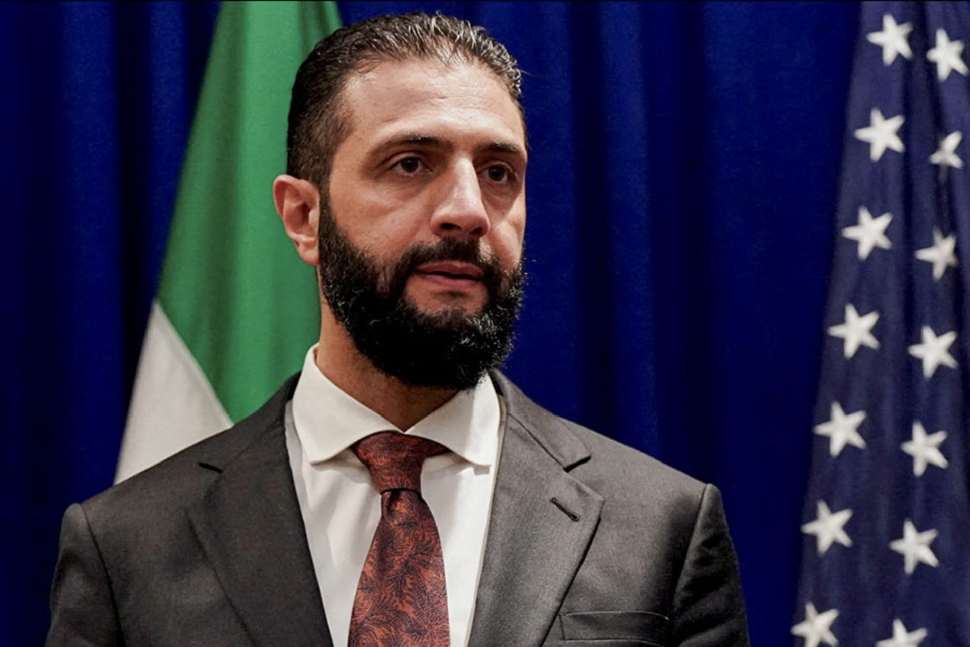<p>Syrian President Ahmed al-Sharaa arrives for a meeting with U.S. Secretary of State Marco Rubio on the sidelines of the eightieth UN General Assembly in New York on September 24.</p>
