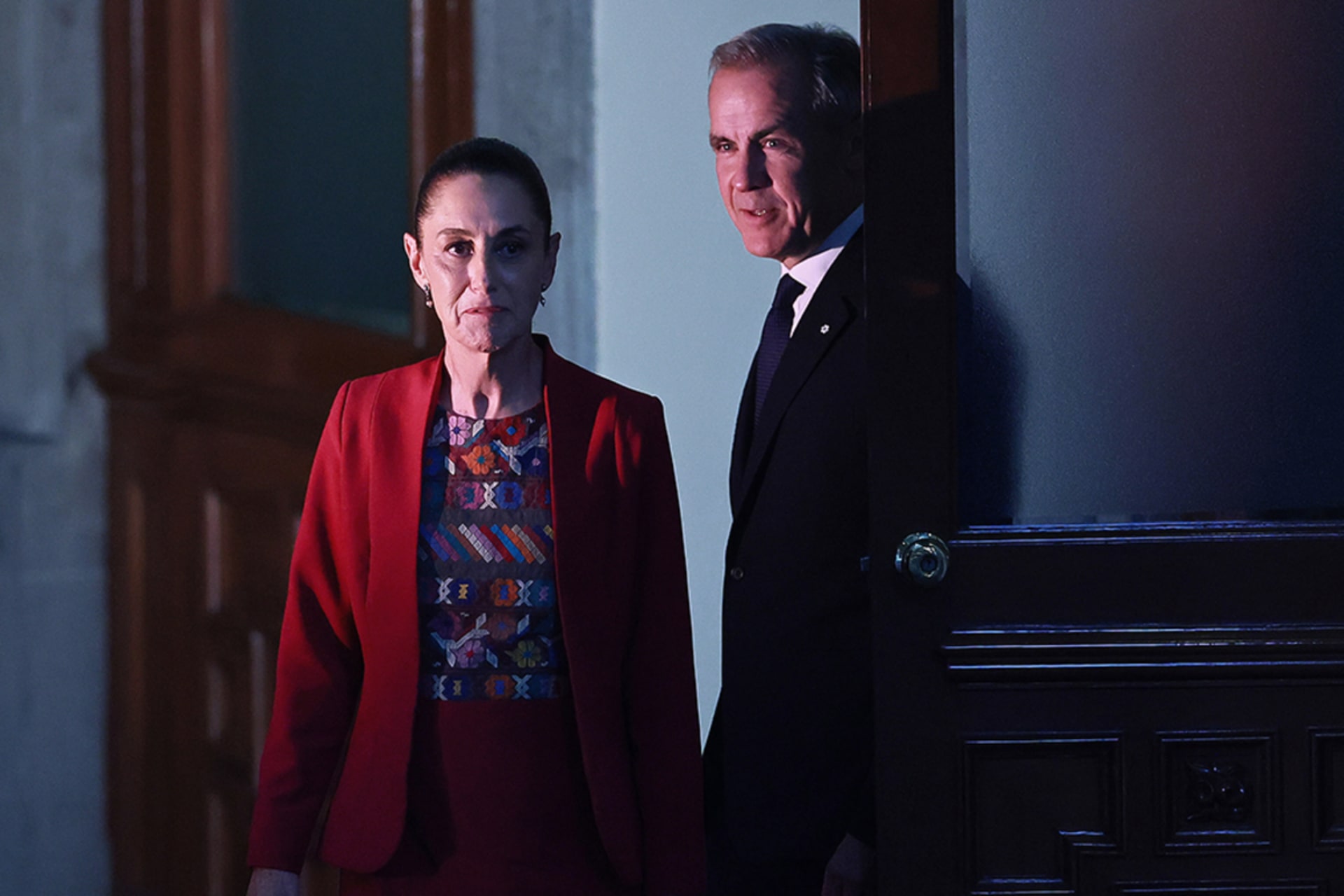 <p>Canadian Prime Minister Mark Carney and Mexican President Claudia Sheinbaum walk to a press conference at Palacio Nacional in Mexico City, Mexico, September 18, 2025.</p>
