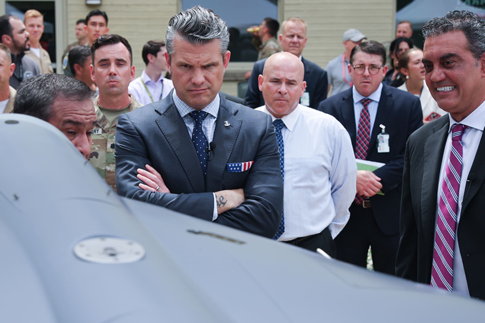 <p>U.S. Secretary of Defense Pete Hegseth is briefed on an exhibit of Multi-Domain Autonomous systems.</p>
