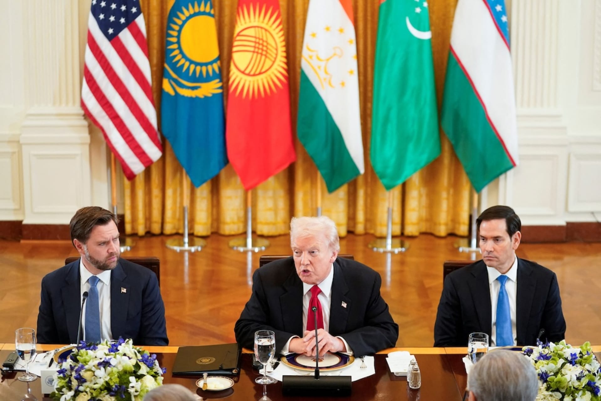 <p>U.S. President Donald Trump, Vice President JD Vance, and Secretary of State Marco Rubio meet with the leaders of Kazakhstan, Kyrgyzstan, Tajikistan, Turkmenistan, and Uzbekistan, in Washington, D.C., U.S., November 6, 2025. </p>
