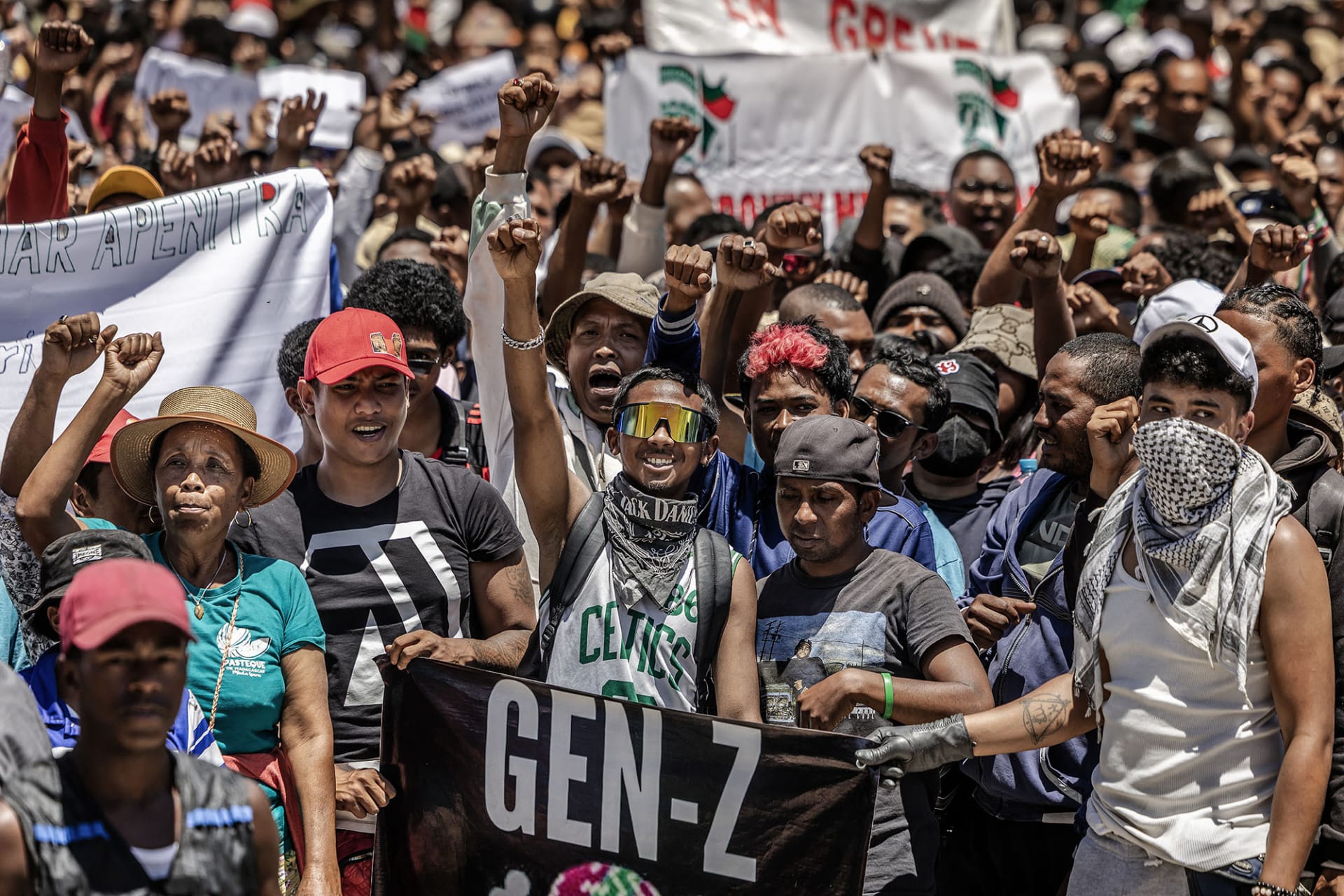 <p>Demonstrators hold banners as they gather outside City Hall in Antananarivo, Madagascar, October 13, 2025.</p>
