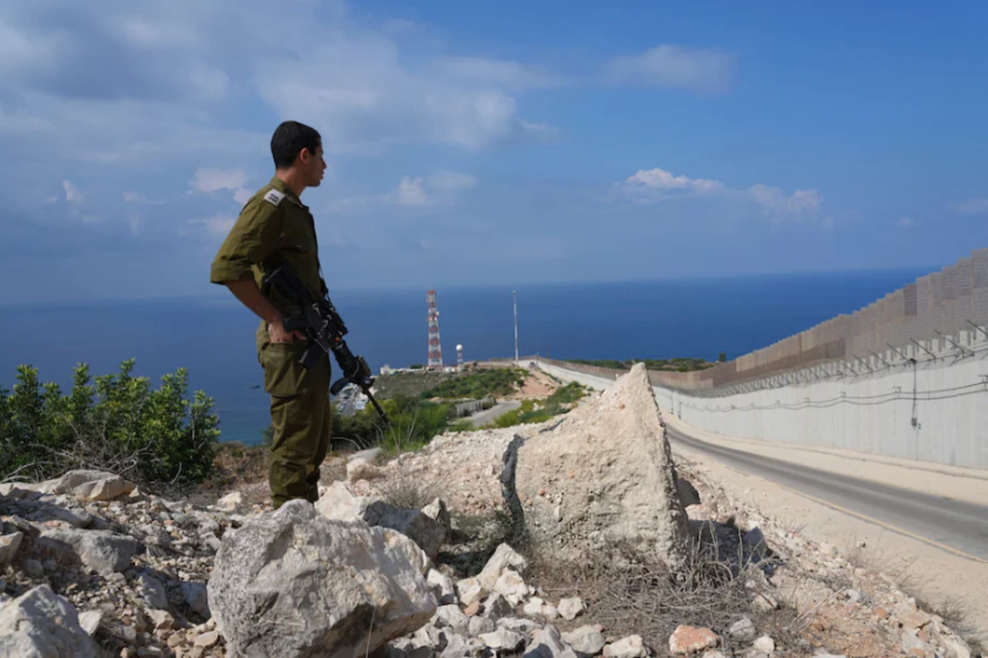 <p>An Israeli soldier stands near the Israeli border with Lebanon in Rosh Hanikra on Friday.</p>
