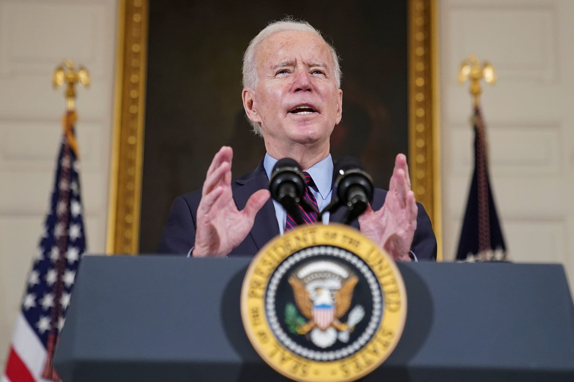 <p>U.S. President Joe Biden delivers remarks in the State Dining Room at the White House in Washington, U.S., on February 5, 2021. </p>
