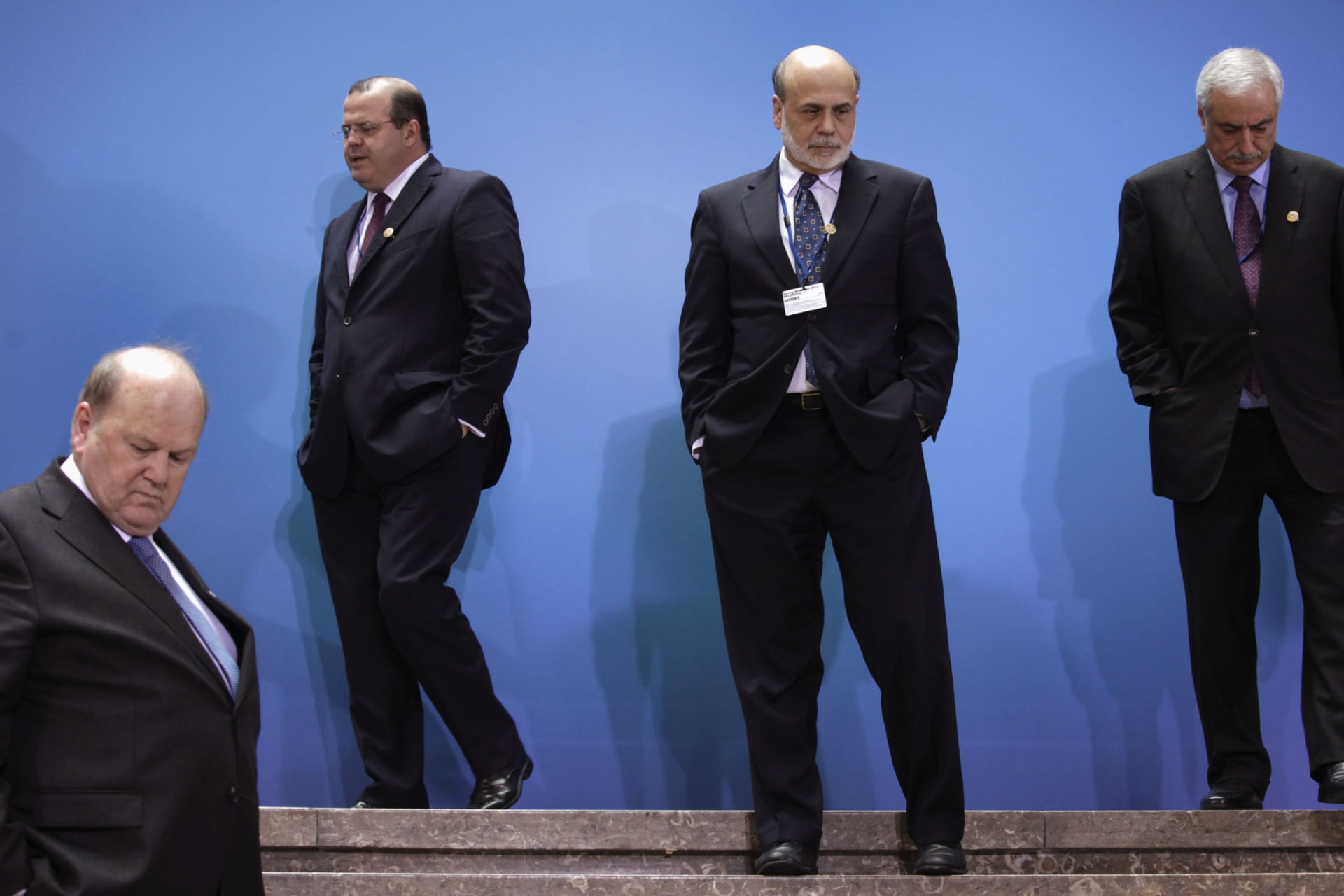 <p>Finance ministers and central bank governors from the G20 arrive for a family photo during the 2013 Spring Meeting of the International Monetary Fund and World Bank in Washington on April 19, 2013.</p>
