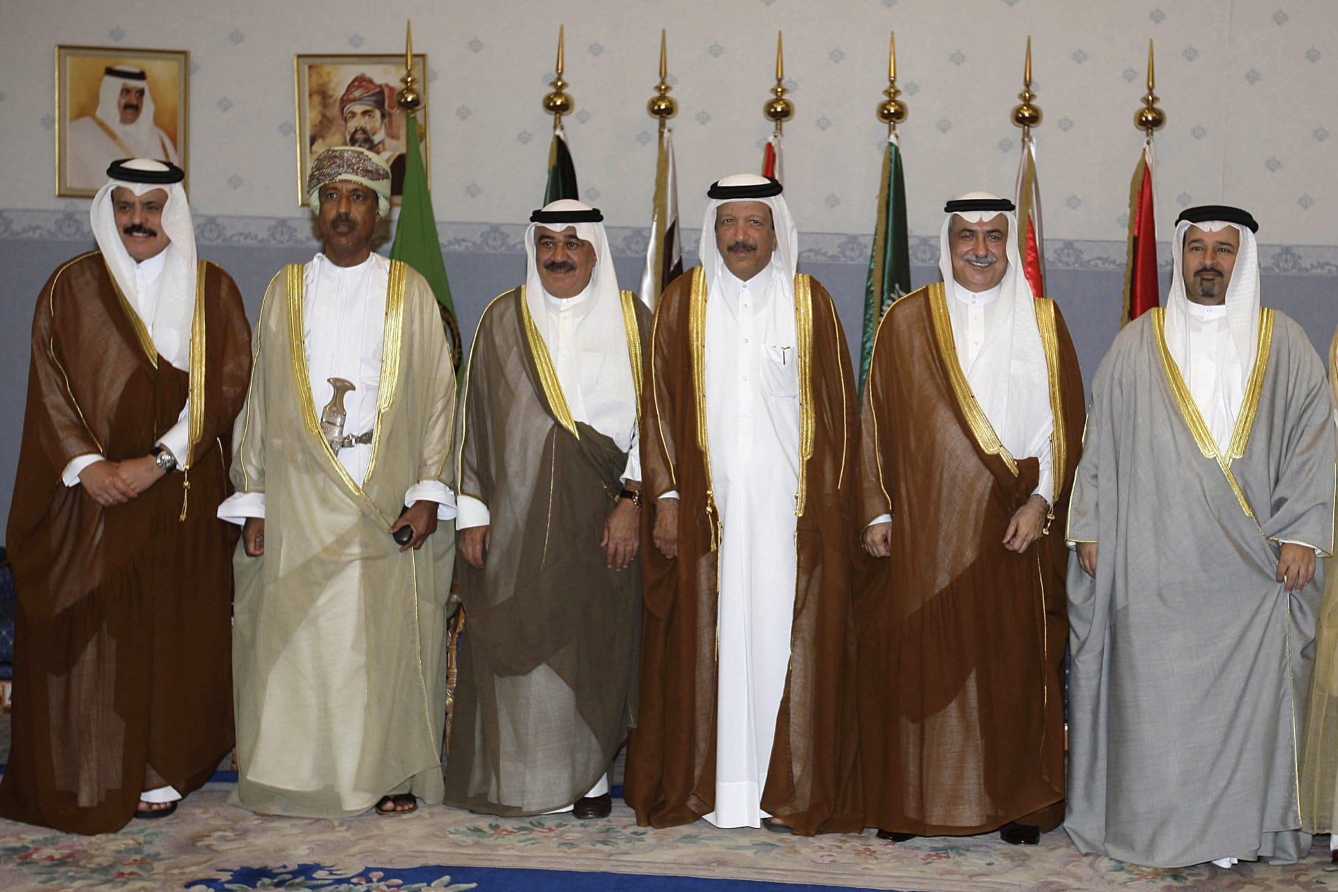 <p>Gulf Cooperation Council (GCC) Secretary-General Abdul-Rahman al-Attiyah (L) stands with Gulf Arab finance ministers before the Gulf Arab finance ministers meeting in Riyadh on May 8, 2010.</p>
