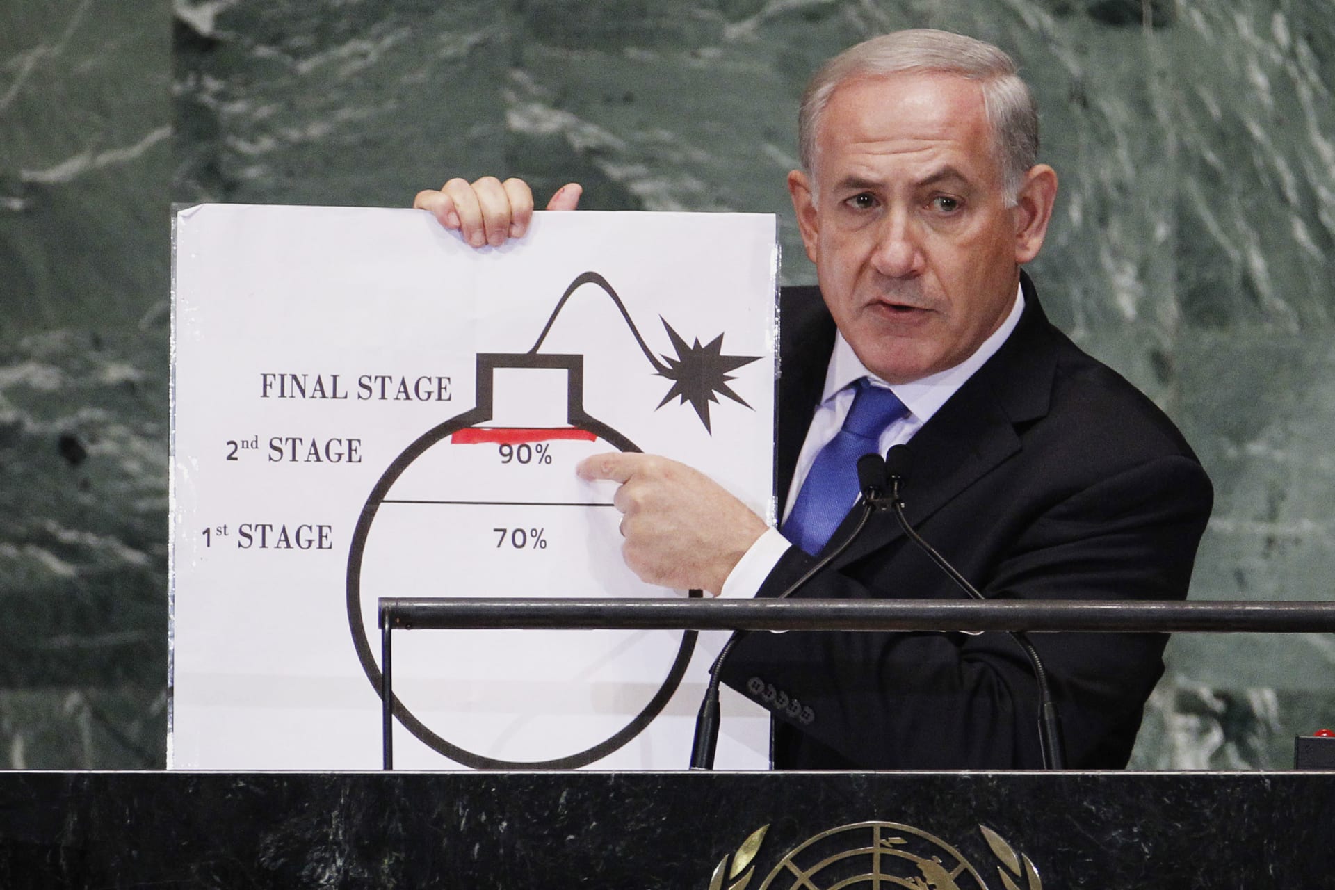 <p>Israel’s Prime Minister Benjamin Netanyahu points to a red line he has drawn on a graphic of a bomb used to represent Iran’s nuclear program as he addresses the 67th United Nations General Assembly at the U.N. Headquarters in New York, September 27, 2012.</p>
