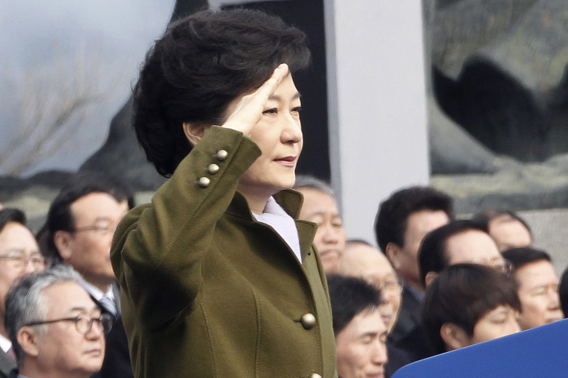 <p>South Korean new President Park Geun-hye salutes during her inauguration ceremony as the 18th South Korean President at the National Assembly in Seoul on February 25, 2013.</p>
