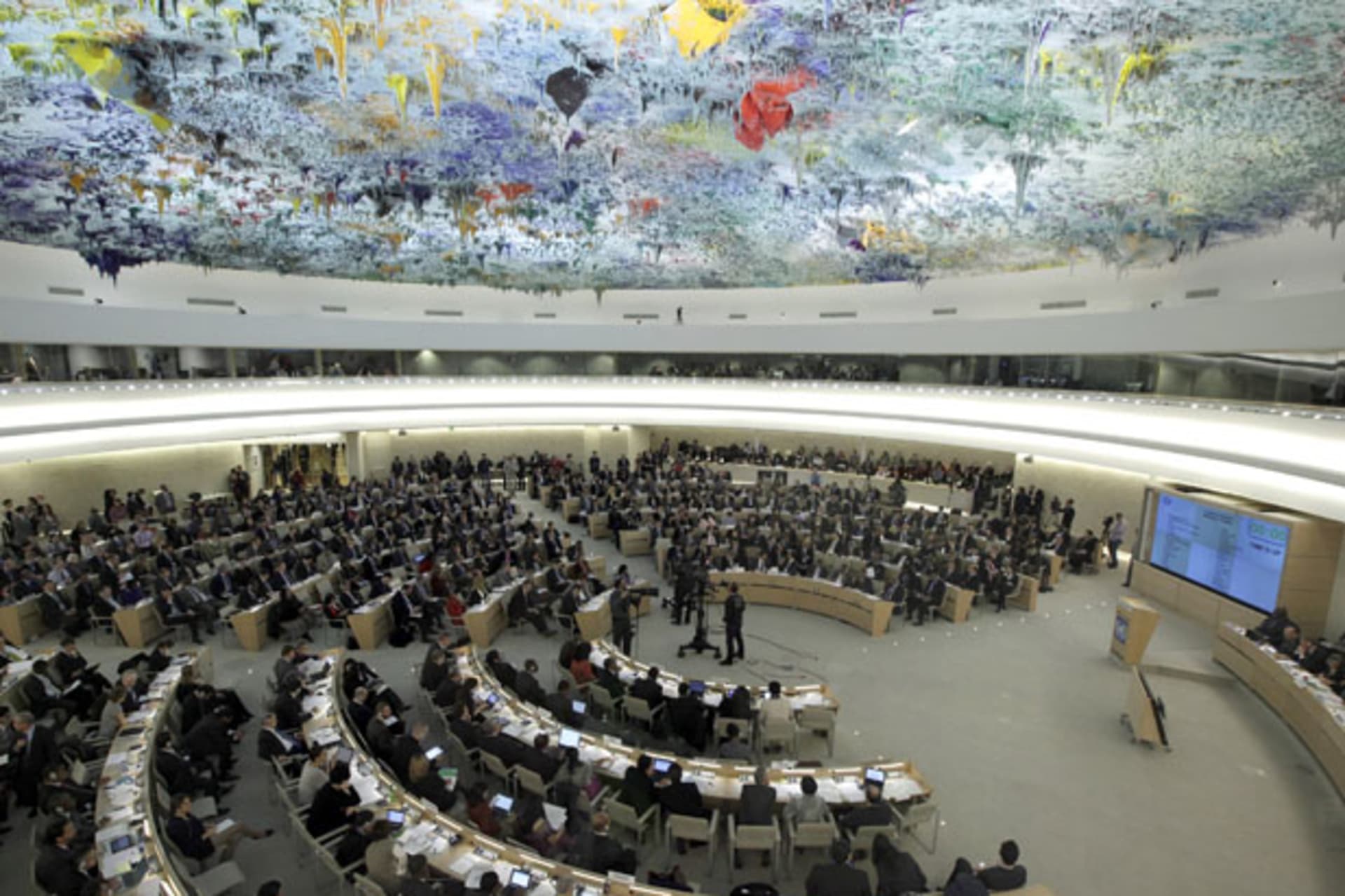 Overview of the UN Human Rights Council during the emergency debate on human rights and humanitarian situation in Syria at the United Nations in Geneva